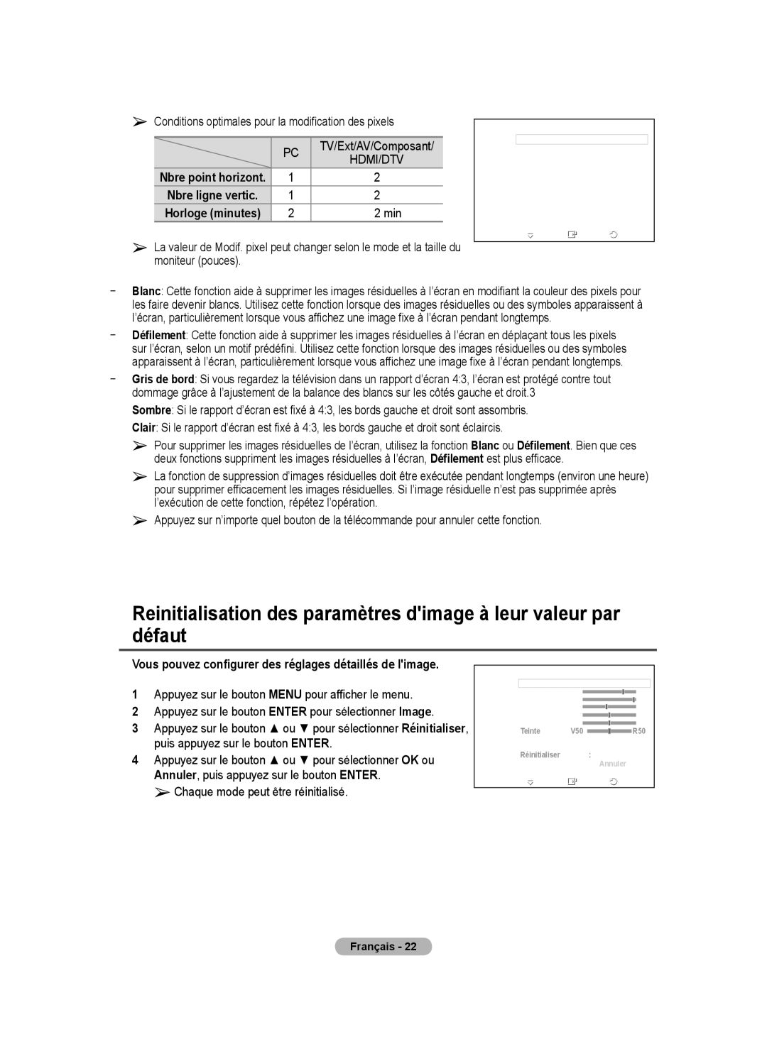 Samsung BN68-01416A-00 Conditions optimales pour la modification des pixels, Min, Chaque mode peut être réinitialisé 