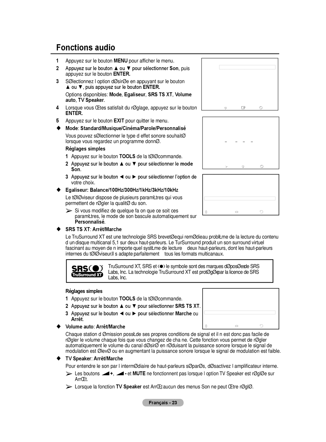 Samsung BN68-01416A-00 Fonctions audio,  Egaliseur Balance/100Hz/300Hz/1kHz/3kHz/10kHz,  SRS TS XT Arrêt/Marche 