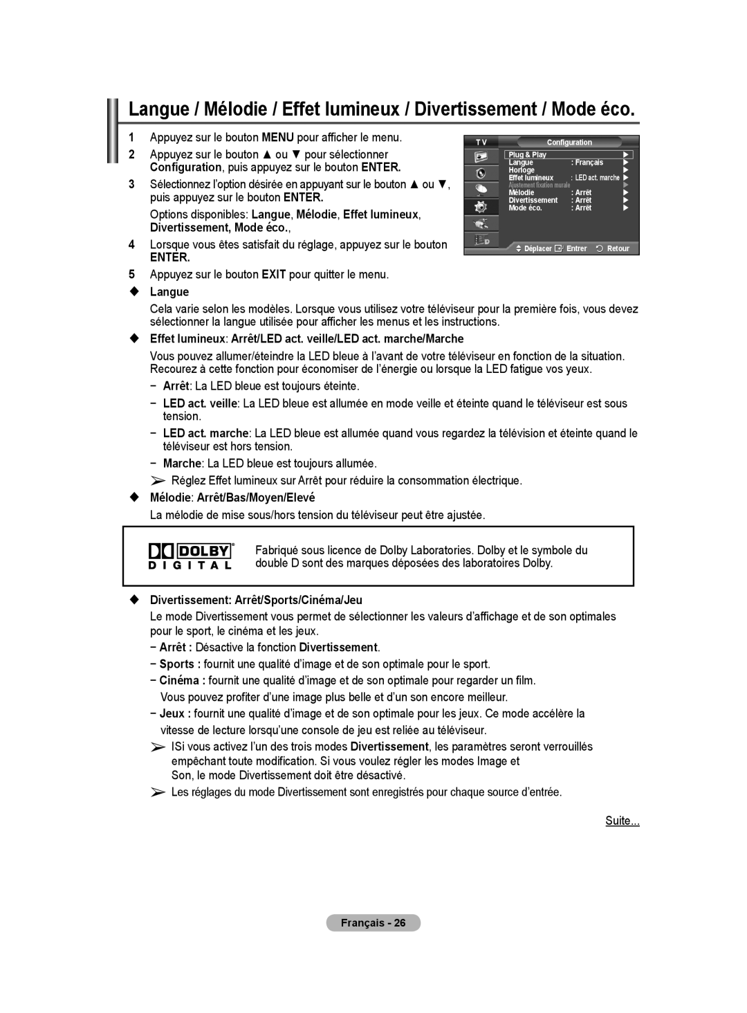 Samsung BN68-01416A-00 user manual Divertissement, Mode éco,  Langue,  Mélodie Arrêt/Bas/Moyen/Elevé 