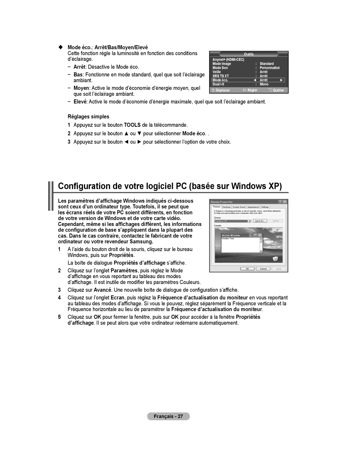 Samsung BN68-01416A-00 user manual Configuration de votre logiciel PC basée sur Windows XP 