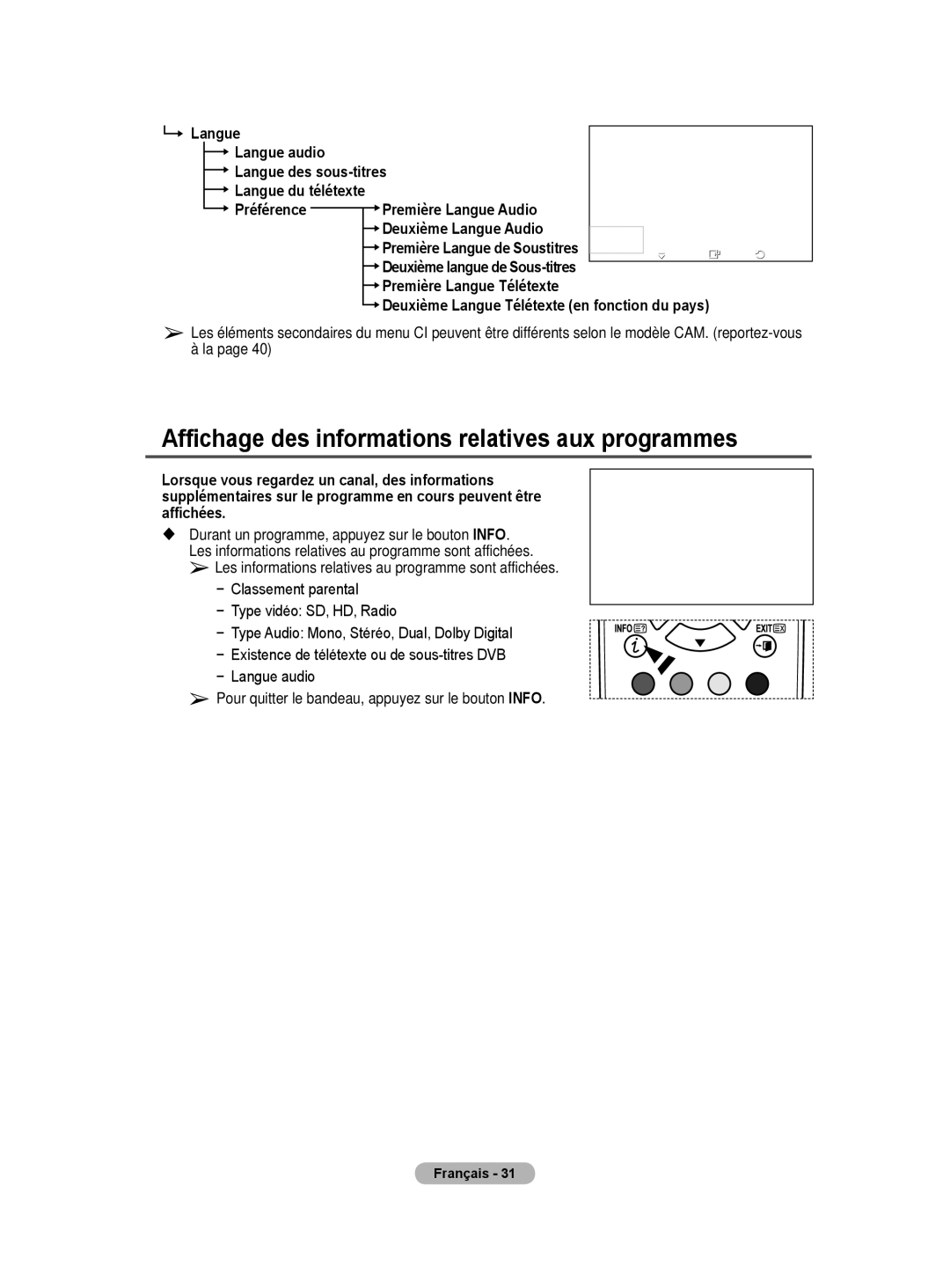 Samsung BN68-01416A-00 Affichage des informations relatives aux programmes, Langue audio, Langue des sous-titres 