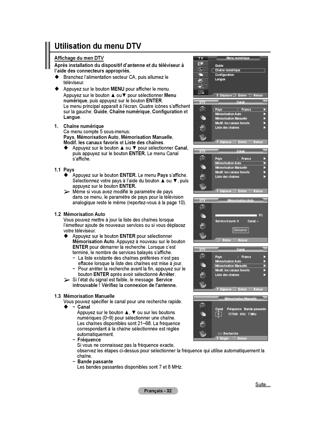 Samsung BN68-01416A-00 user manual Utilisation du menu DTV, Chaîne numérique, Mémorisation Auto, Bande passante 