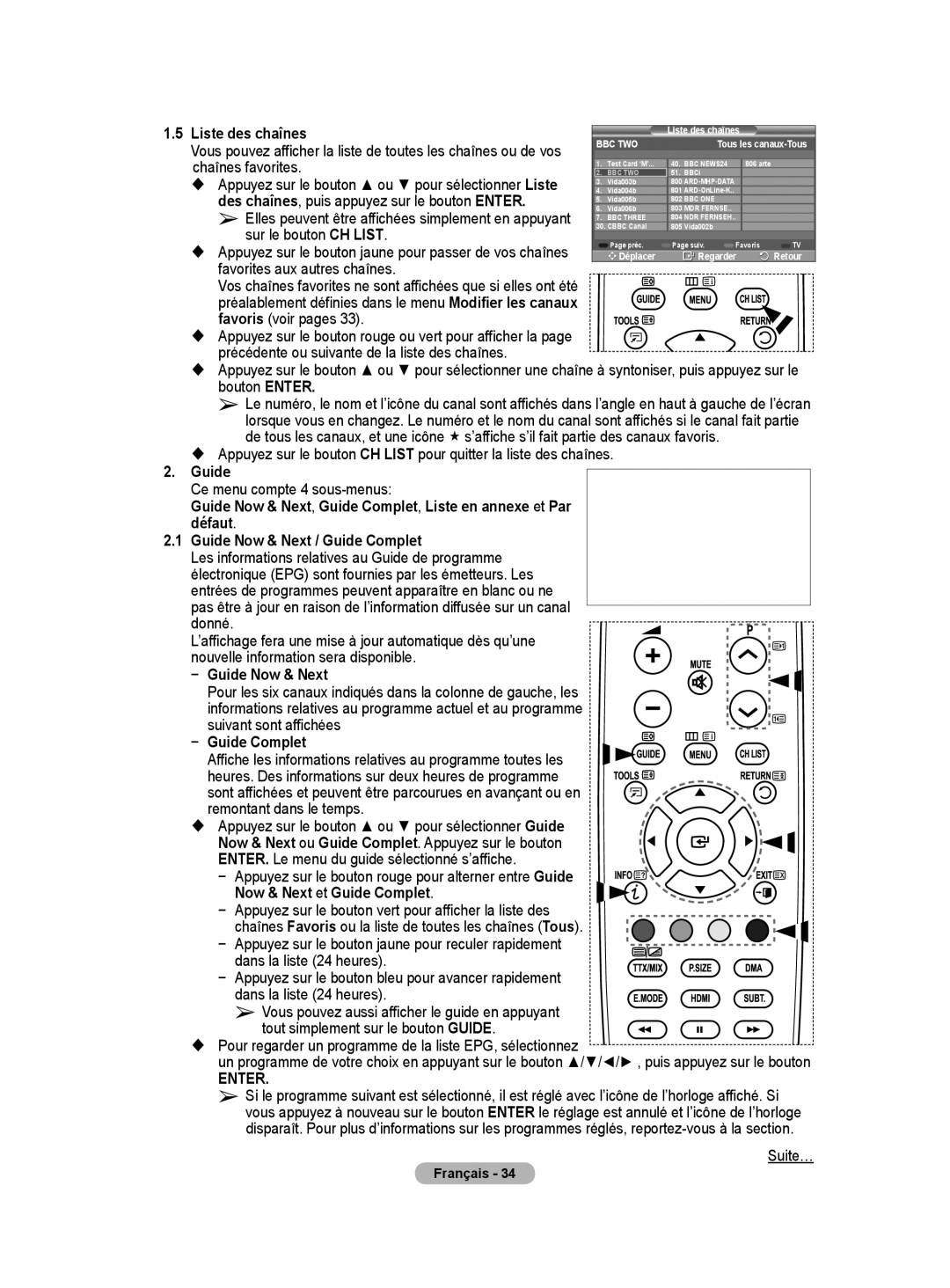 Samsung BN68-01416A-00 user manual Liste des chaînes, Défaut, Guide Now & Next, Guide Complet 