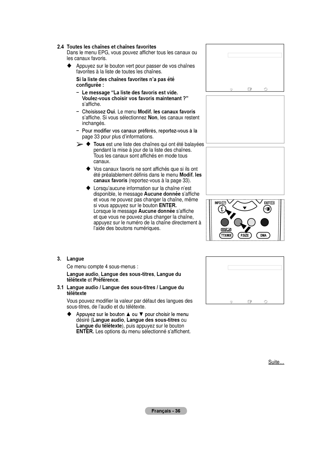 Samsung BN68-01416A-00 user manual Toutes les chaînes et chaînes favorites, Langue 