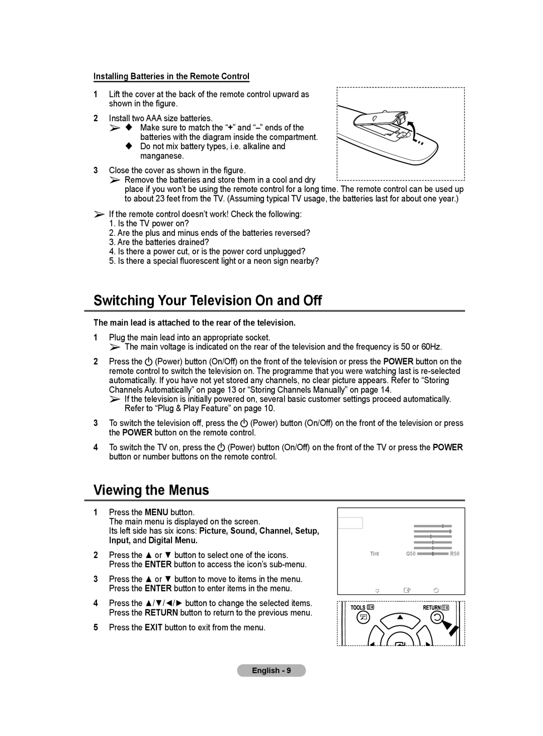 Samsung BN68-01416A-00 user manual Switching Your Television On and Off, Viewing the Menus 