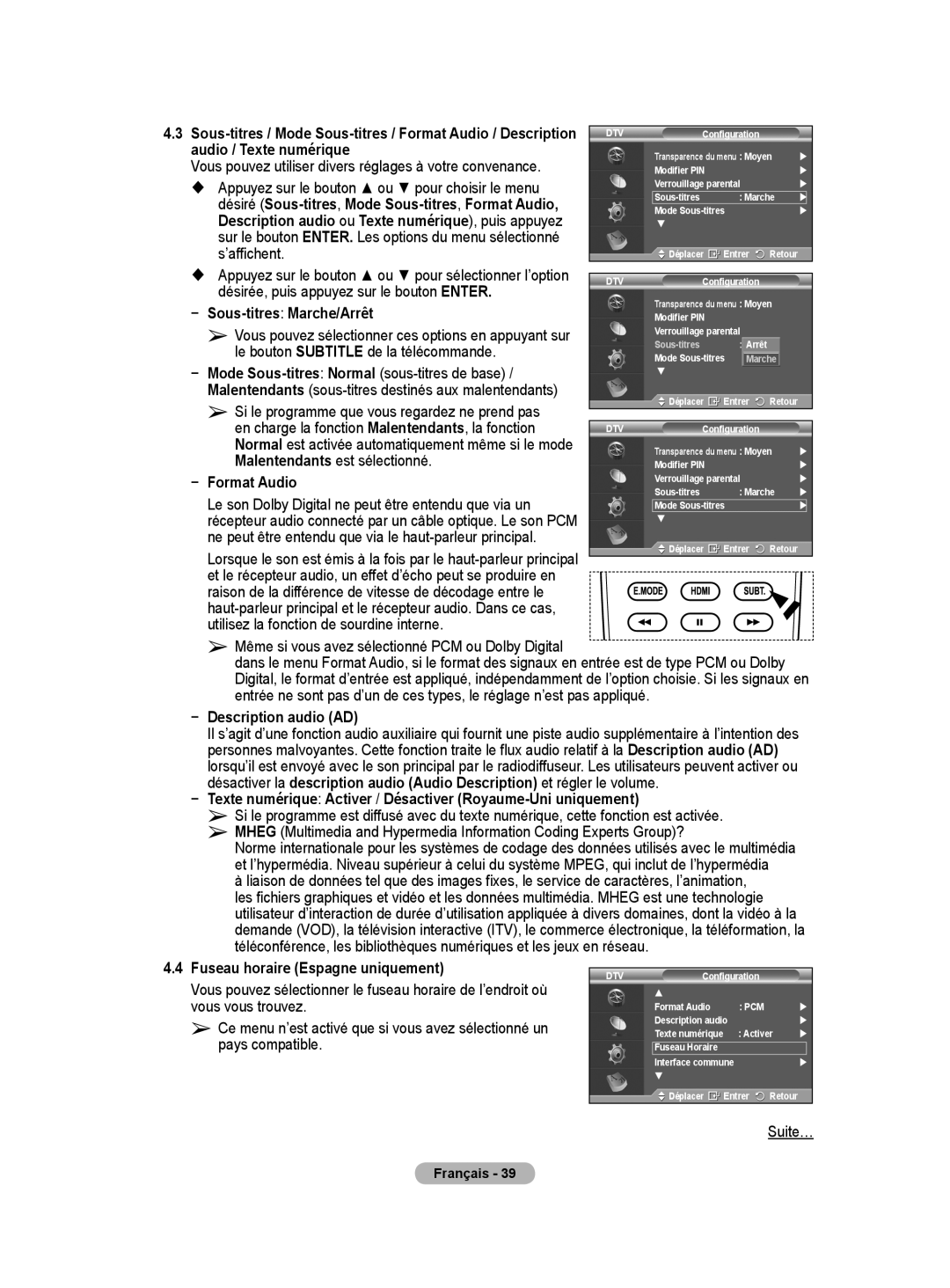 Samsung BN68-01416A-00 Sous-titresMarche/Arrêt, Format Audio, Description audio AD, Fuseau horaire Espagne uniquement 