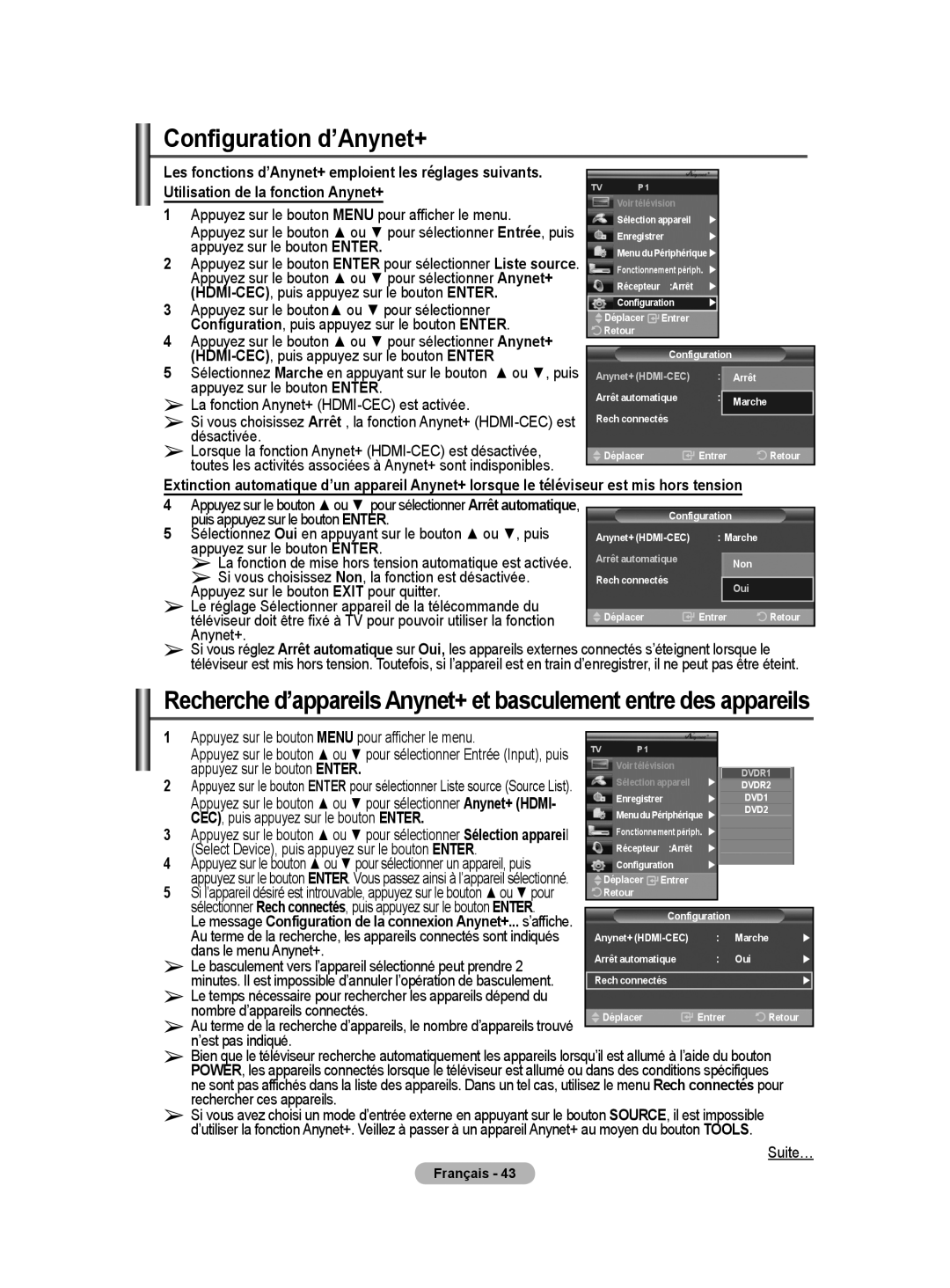 Samsung BN68-01416A-00 user manual Configuration d’Anynet+, Si vous choisissez Non, la fonction est désactivée 