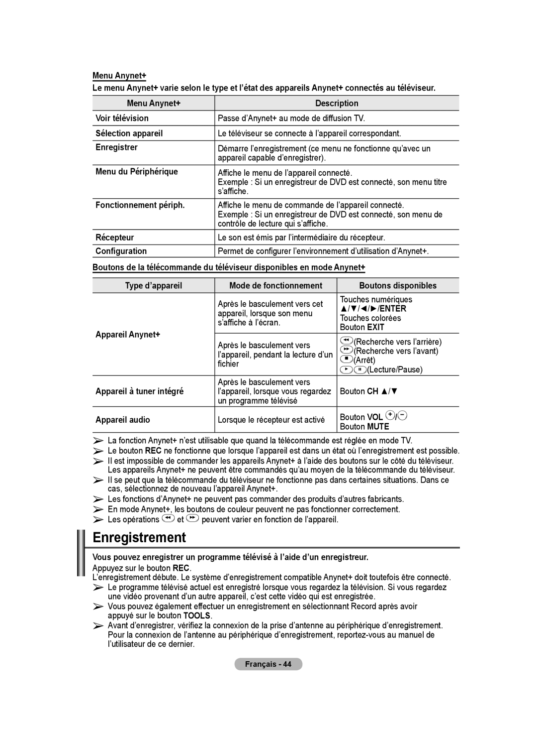 Samsung BN68-01416A-00 user manual Enregistrement 