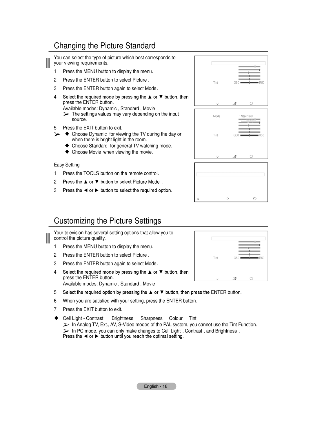 Samsung BN68-01416D-00 user manual Changing the Picture Standard, Customizing the Picture Settings, Easy Setting 