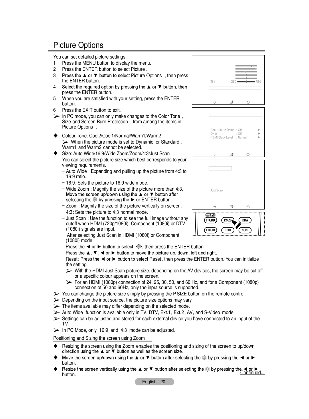 Samsung BN68-01416D-00 user manual Picture Options 