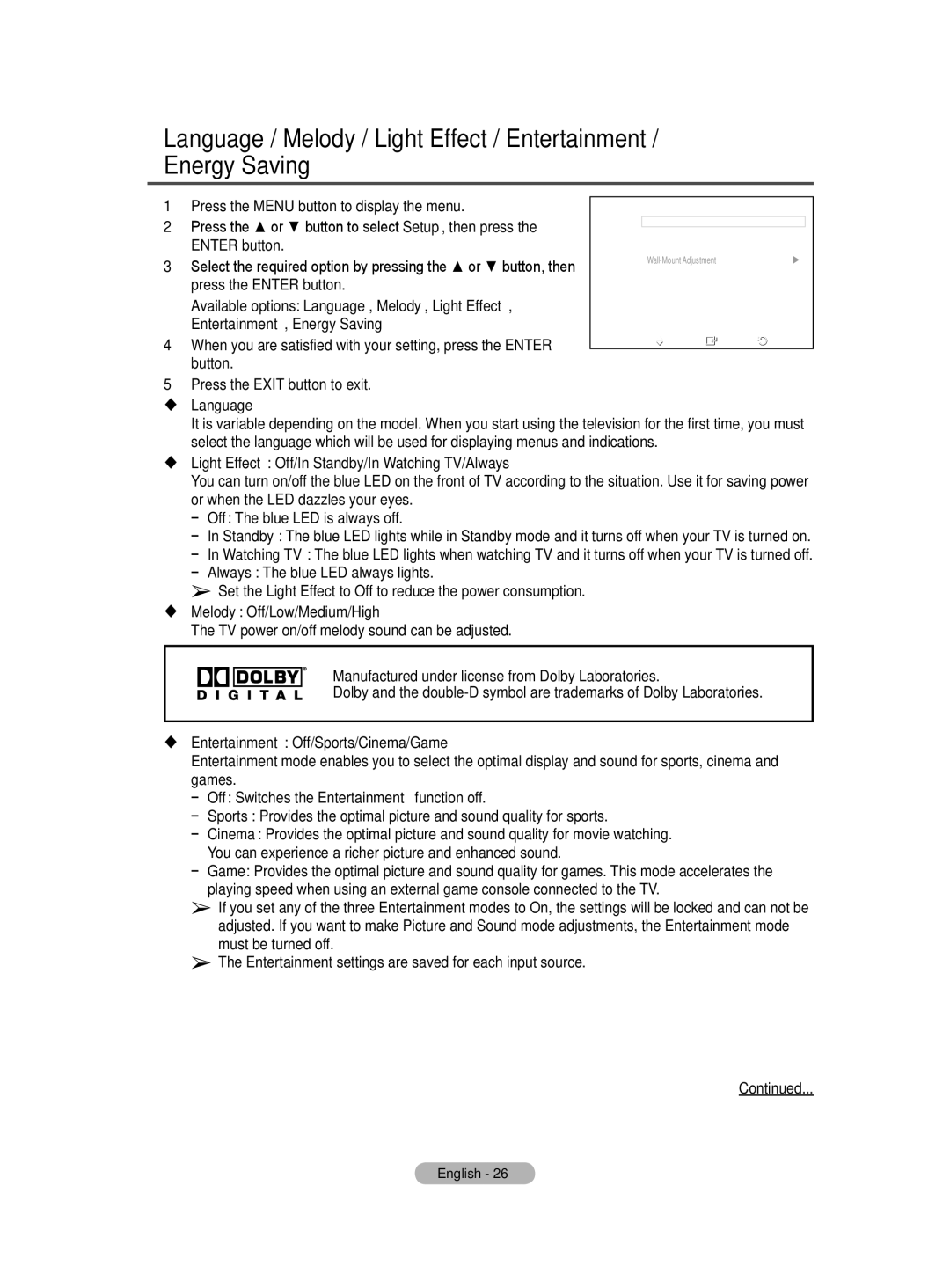 Samsung BN68-01416D-00 Press the or button to select Setup, then press,  Language,  Melody Off/Low/Medium/High 