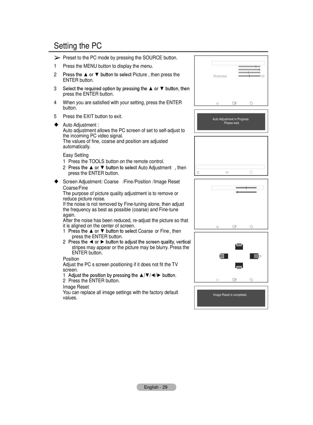 Samsung BN68-01416D-00 user manual Setting the PC,  Auto Adjustment, Coarse/Fine, Position, Image Reset 