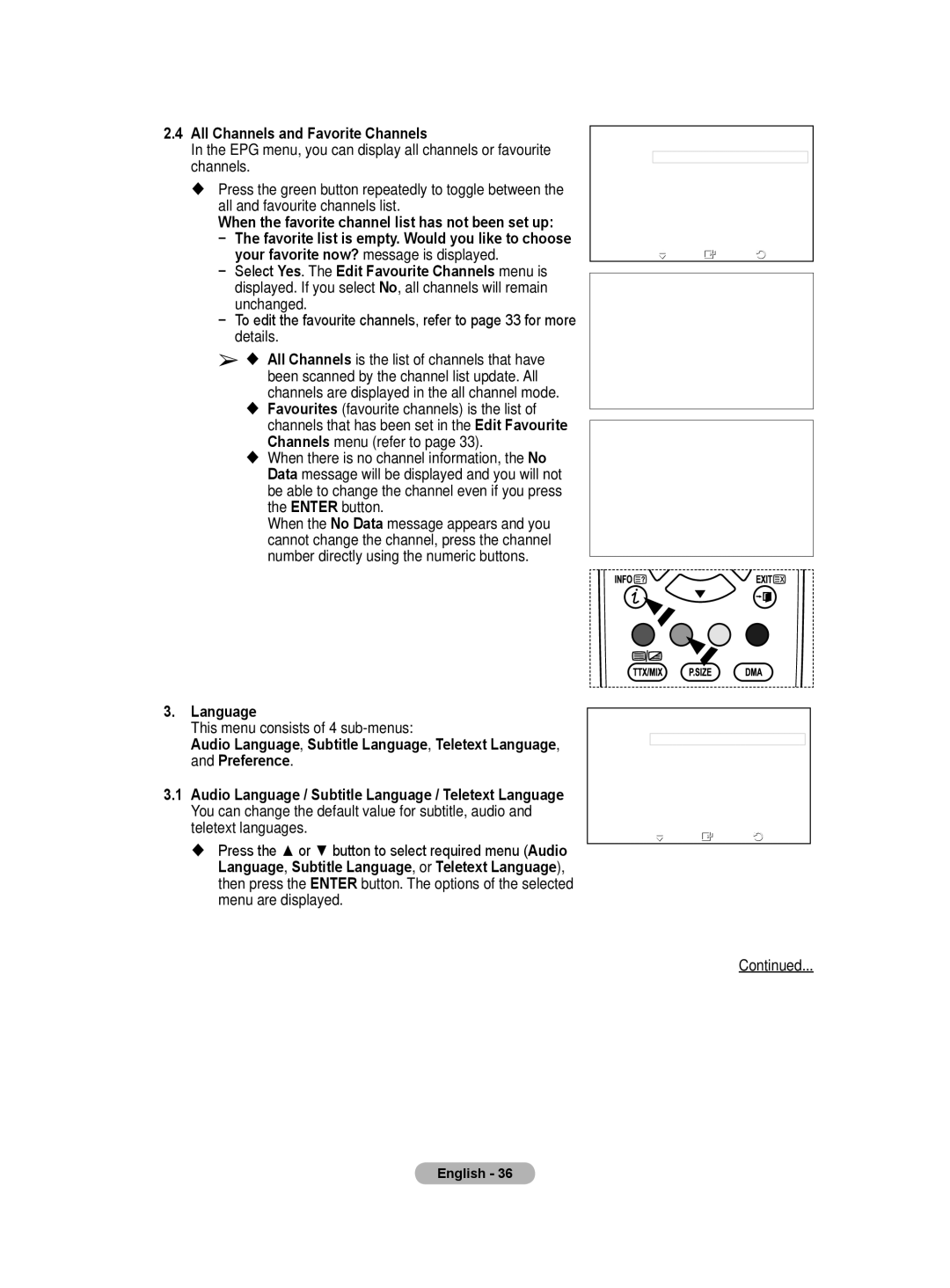 Samsung BN68-01416D-00 user manual All Channels and Favorite Channels, Language 