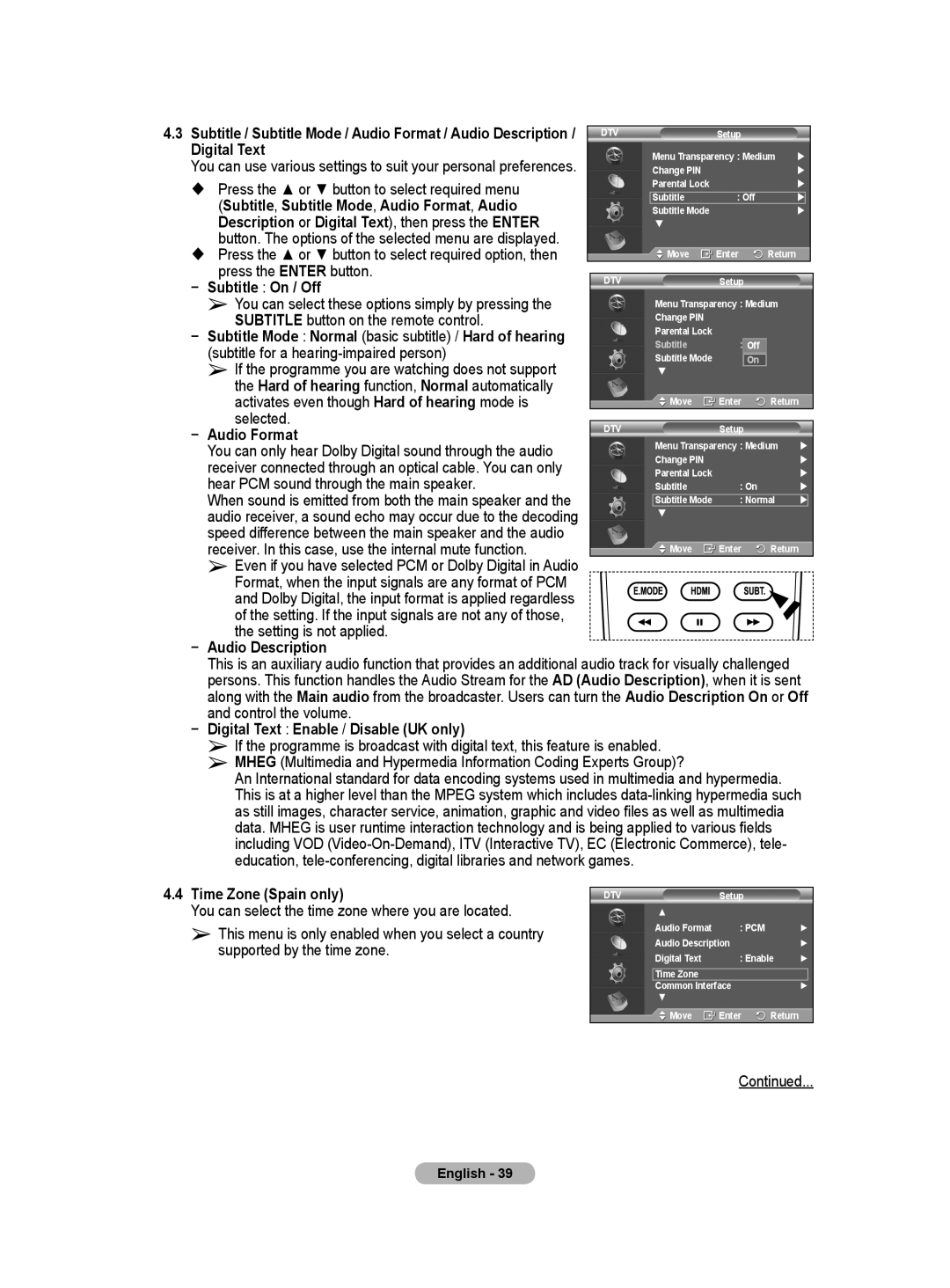 Samsung BN68-01416D-00 Digital Text,  Press the or button to select required menu, Subtitle button on the remote control 