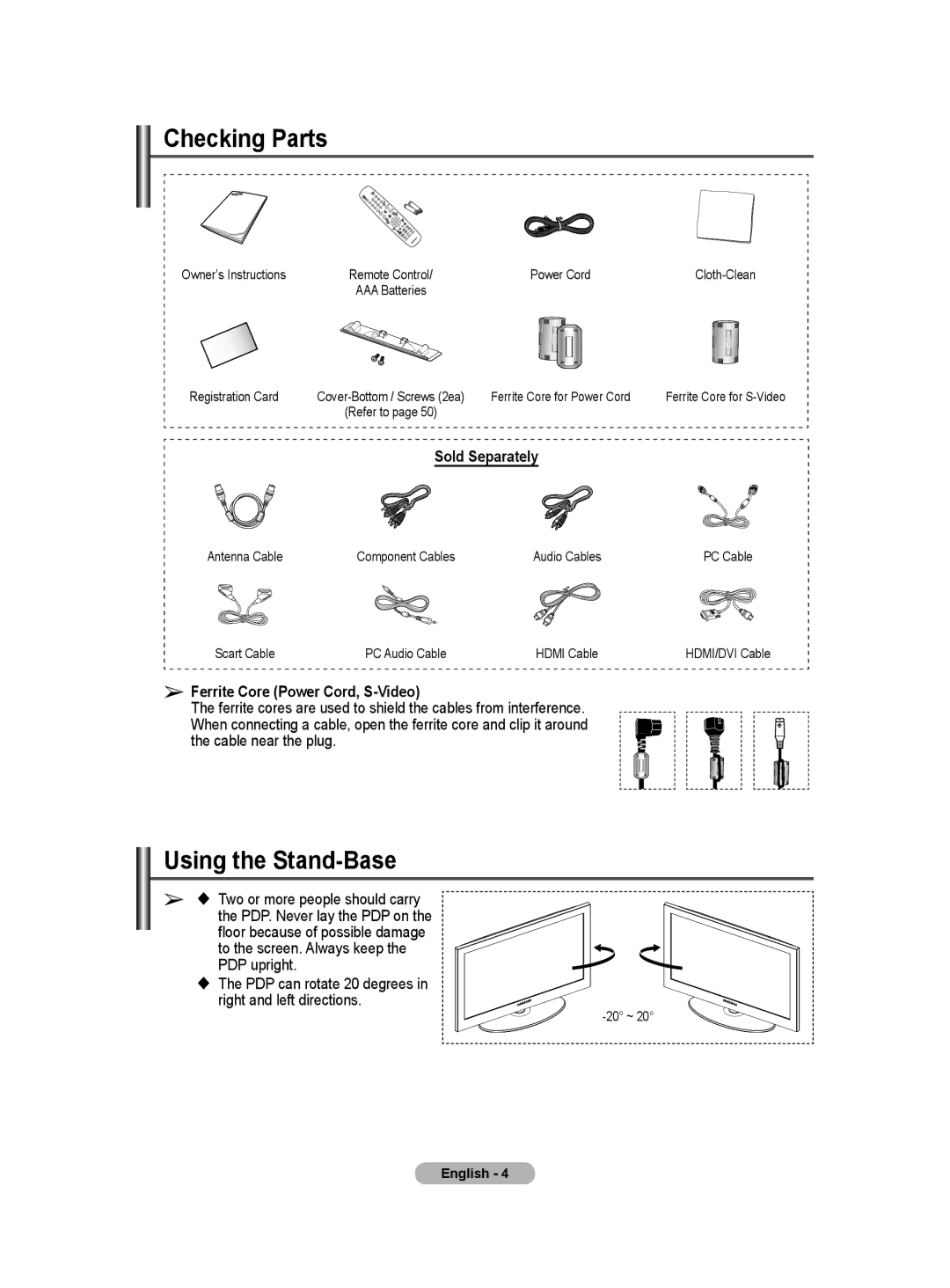 Samsung BN68-01416D-00 user manual Checking Parts, Using the Stand-Base, Sold Separately, Ferrite Core Power Cord, S-Video 