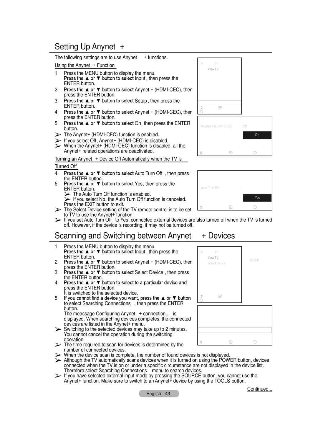 Samsung BN68-01416D-00 user manual Setting Up Anynet+, Scanning and Switching between Anynet+ Devices, Turned Off 