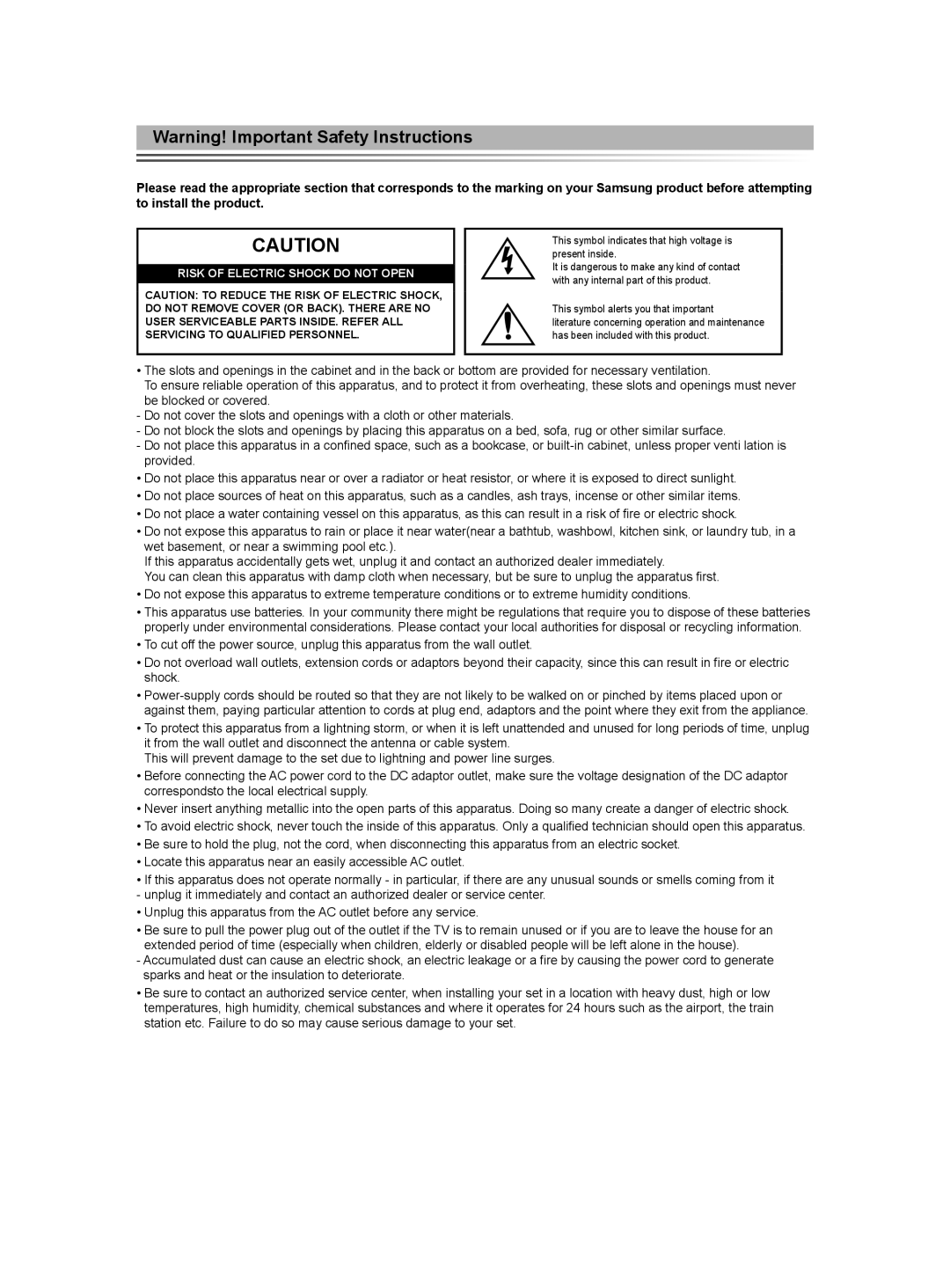 Samsung BN68-01416D-00 user manual Risk of Electric Shock do not Open 