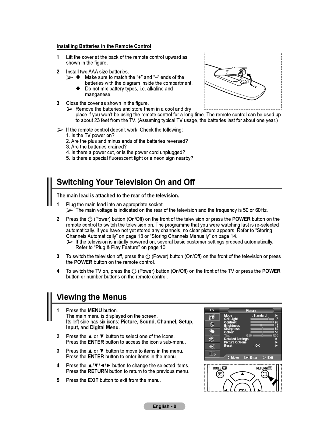 Samsung BN68-01416D-00 Switching Your Television On and Off, Viewing the Menus, Installing Batteries in the Remote Control 