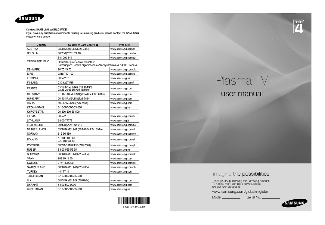 Samsung BN68-01422A-01 user manual Contact Samsung WORLD-WIDE, Country Customer Care Centre  Web Site 