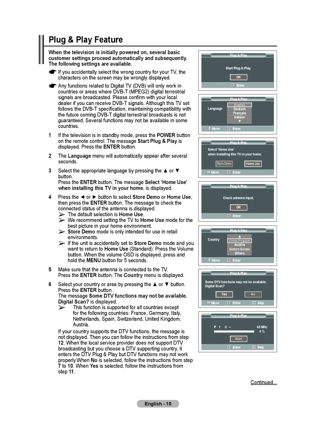 Samsung BN68-01422A-01 Plug & Play Feature, Make sure that the antenna is connected to the TV, Press the Enter button 