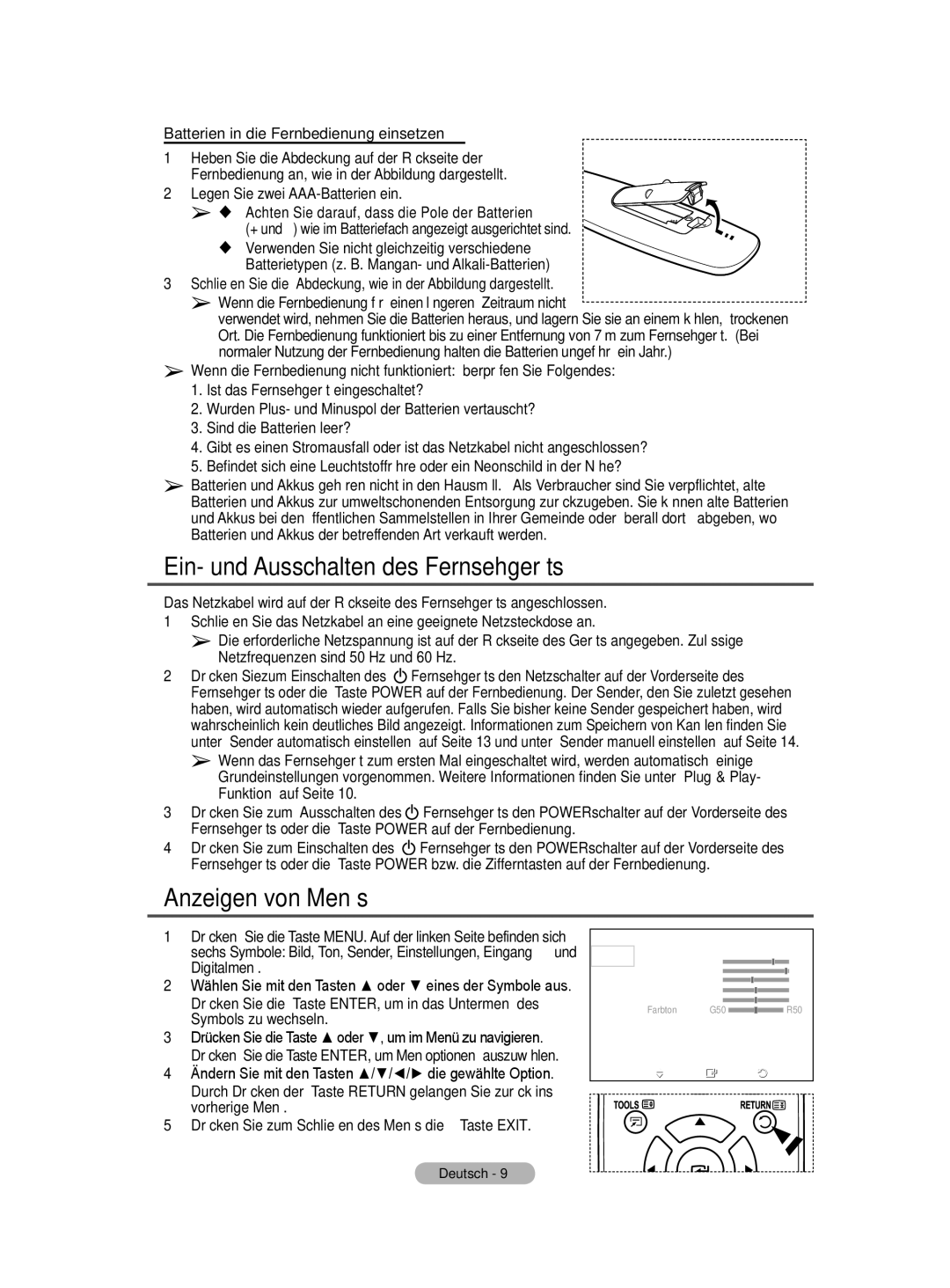 Samsung BN68-01422A-01 user manual Ein- und Ausschalten des Fernsehgeräts, Anzeigen von Menüs, Digitalmenü 