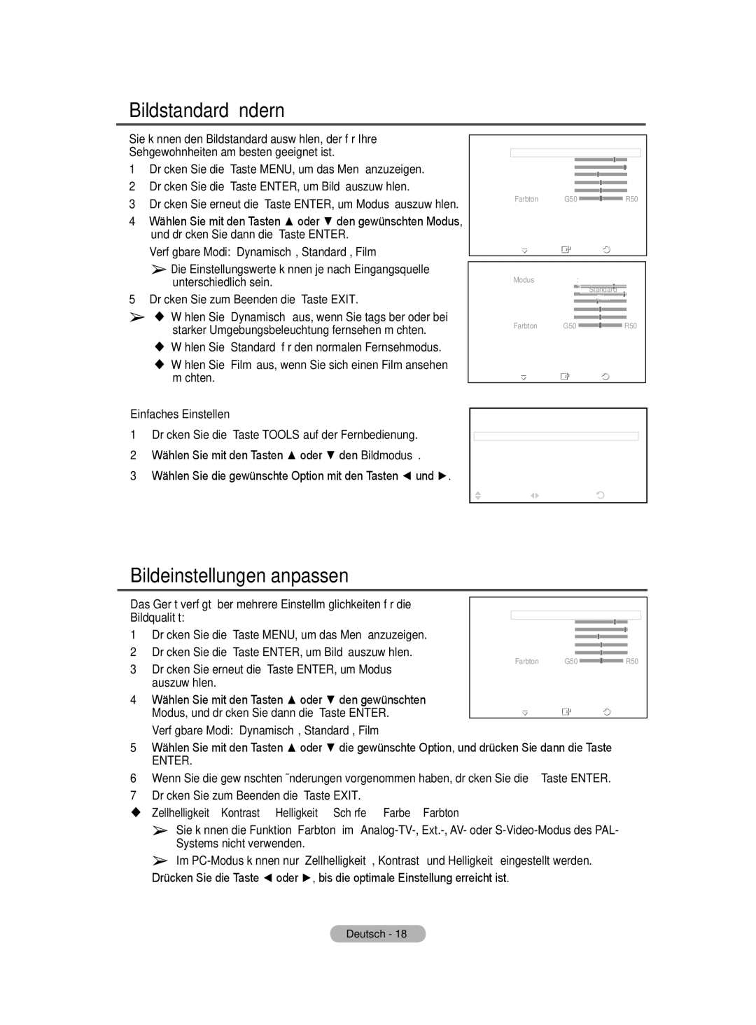 Samsung BN68-01422A-01 user manual Bildstandard ändern, Bildeinstellungen anpassen, Einfaches Einstellen 