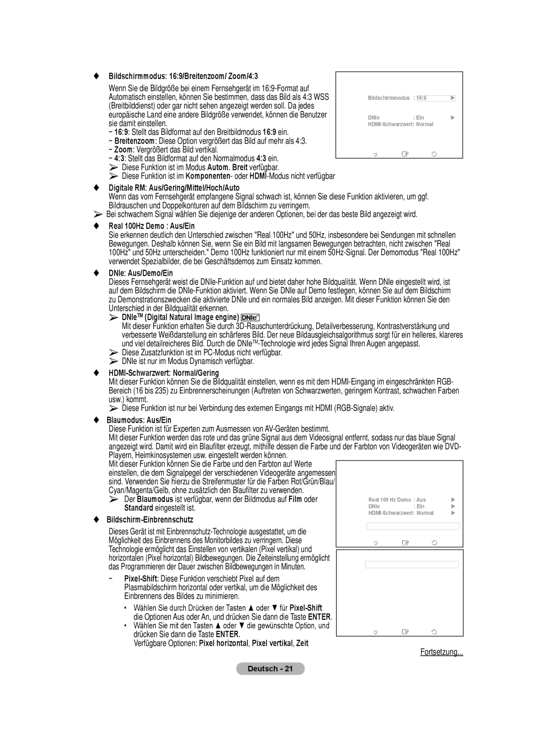 Samsung BN68-01422A-01 user manual Bildschirmmodus 169/Breitenzoom/ Zoom/43, Digitale RM Aus/Gering/Mittel/Hoch/Auto 