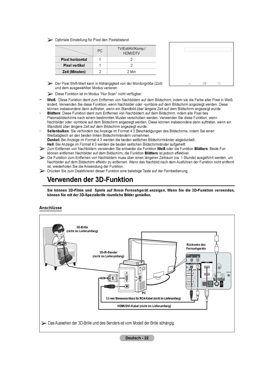 Samsung BN68-01422A-01 Verwenden der D-Funktion, Anschlüsse, Optimale Einstellung für Pixel den Pixelabstand, Deutsch  