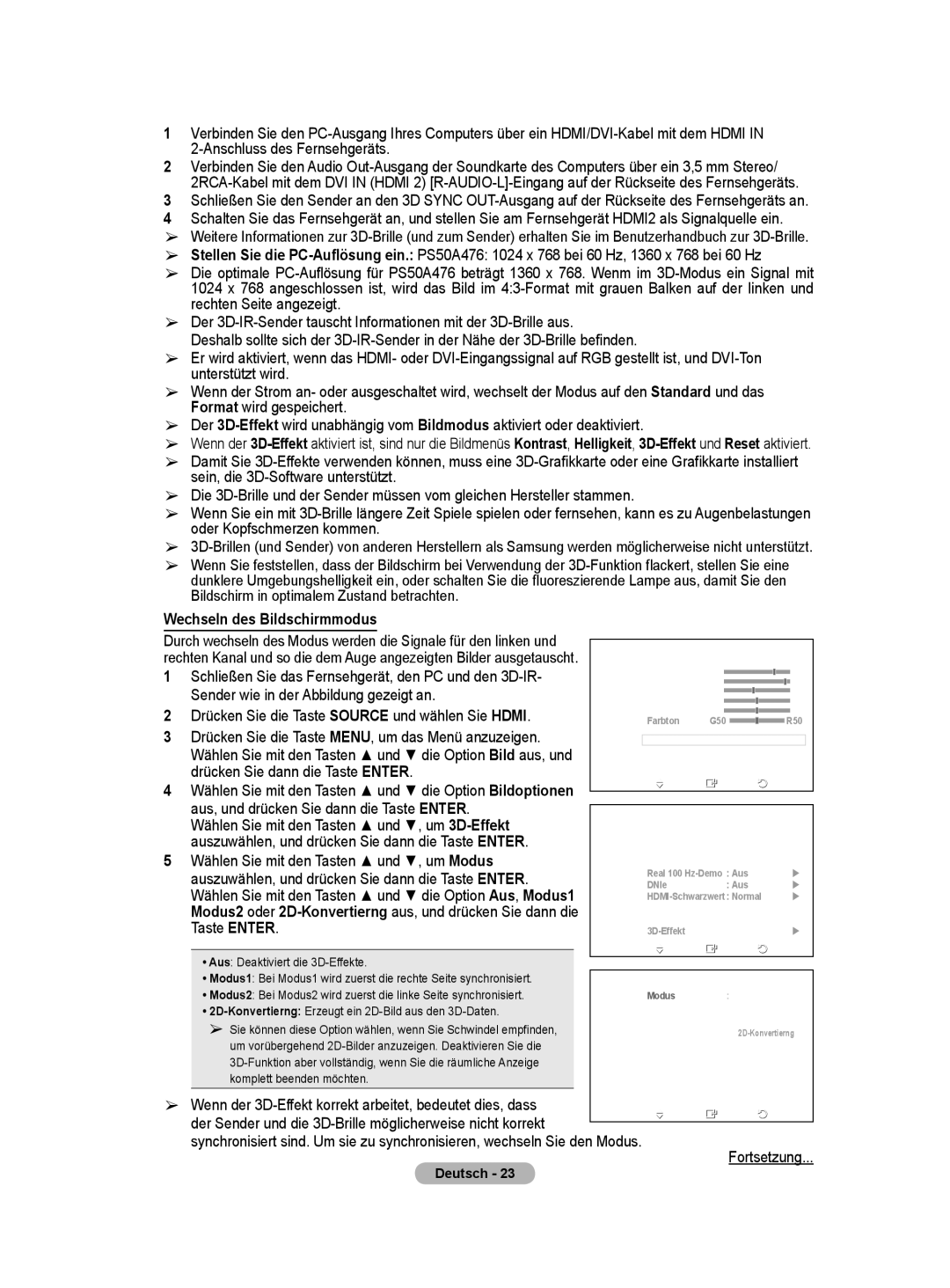 Samsung BN68-01422A-01 Wechseln des Bildschirmmodus, Schließen Sie das Fernsehgerät, den PC und den 3D-IR, Taste Enter 