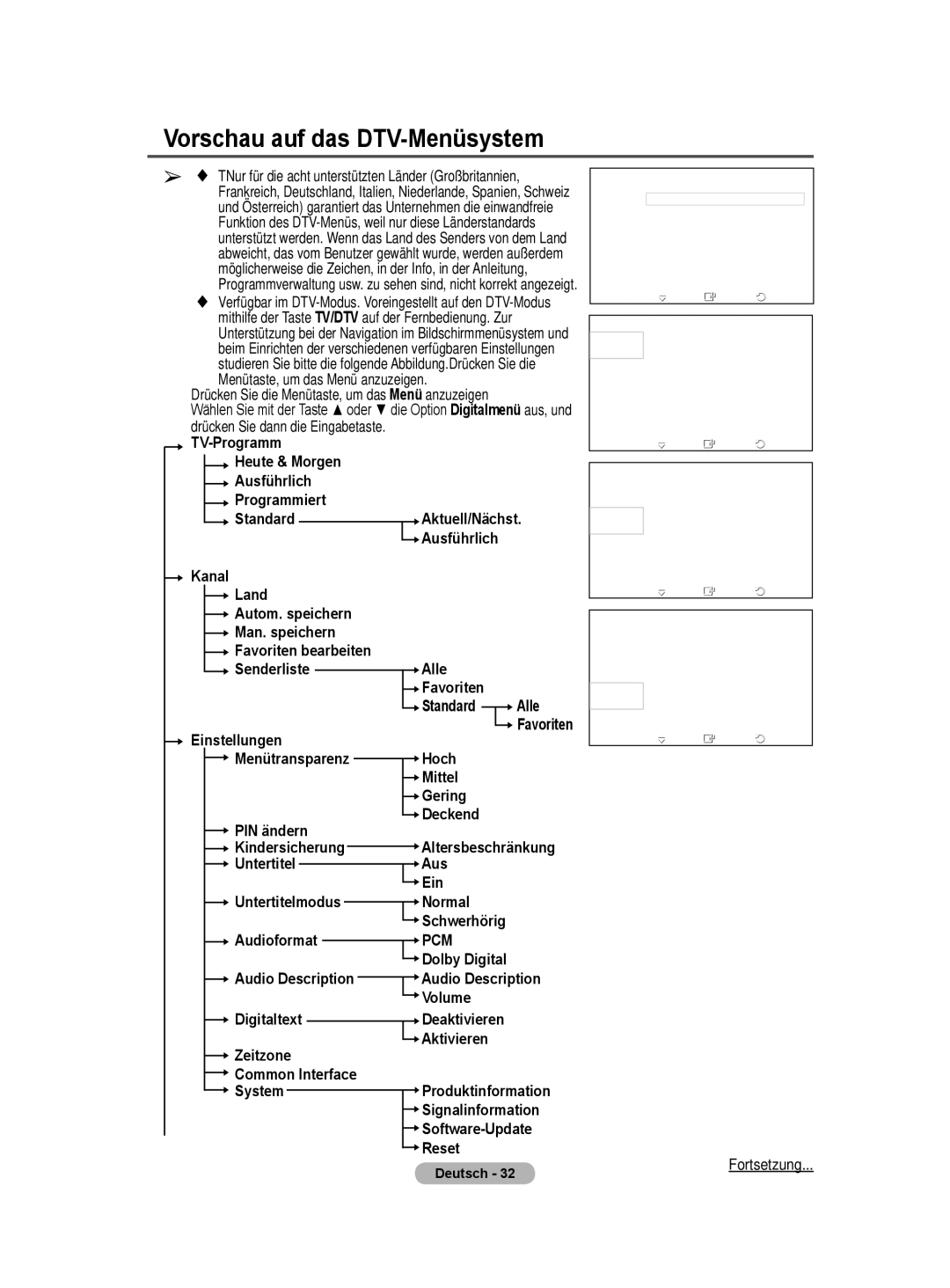 Samsung BN68-01422A-01 user manual Vorschau auf das DTV-Menüsystem 