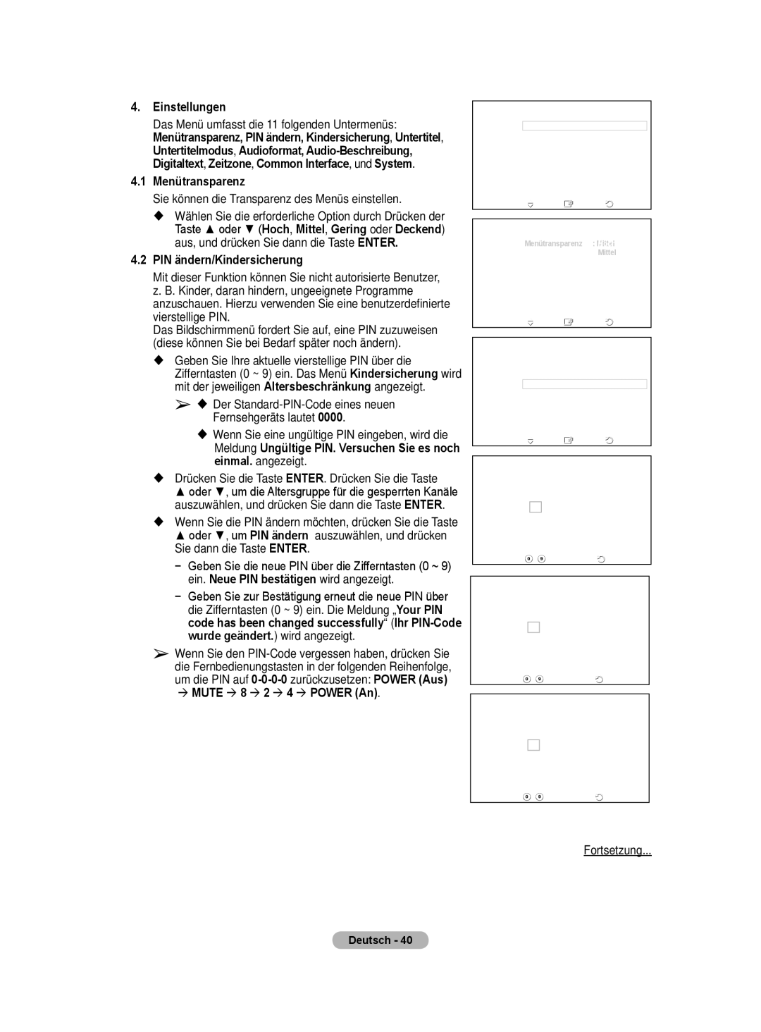 Samsung BN68-01422A-01 user manual Menütransparenz, PIN ändern/Kindersicherung,  Mute  8  2  4  Power An 