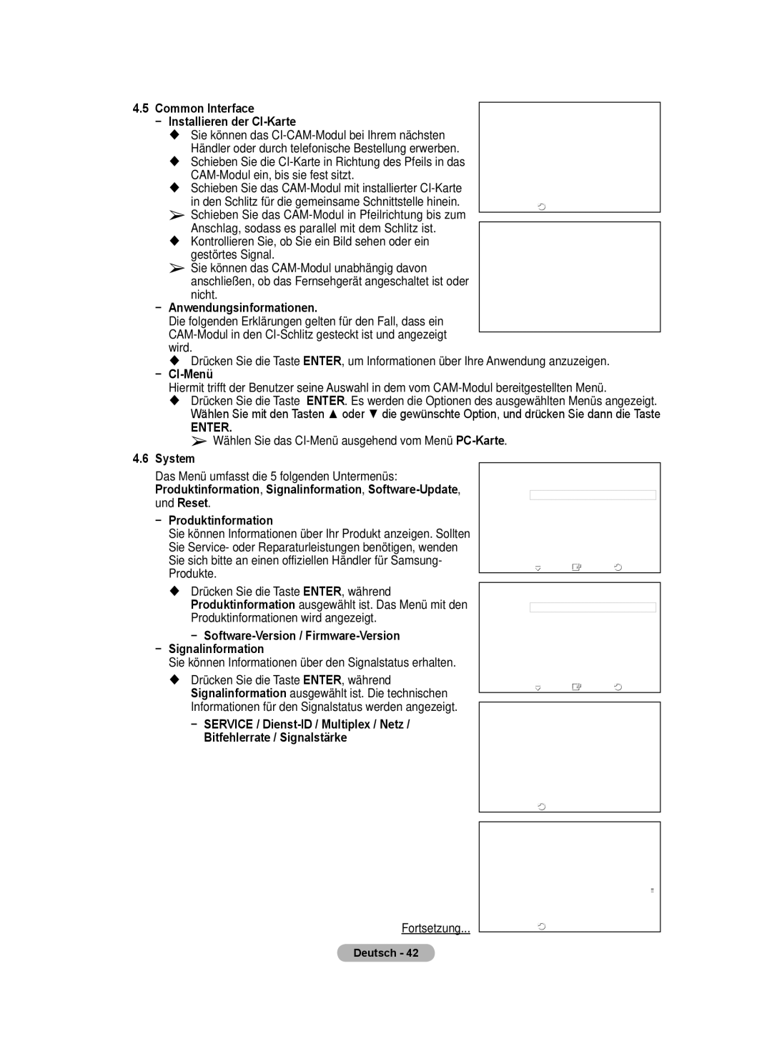 Samsung BN68-01422A-01 user manual Installieren der CI-Karte, Anwendungsinformationen, CI-Menü, Produktinformation 