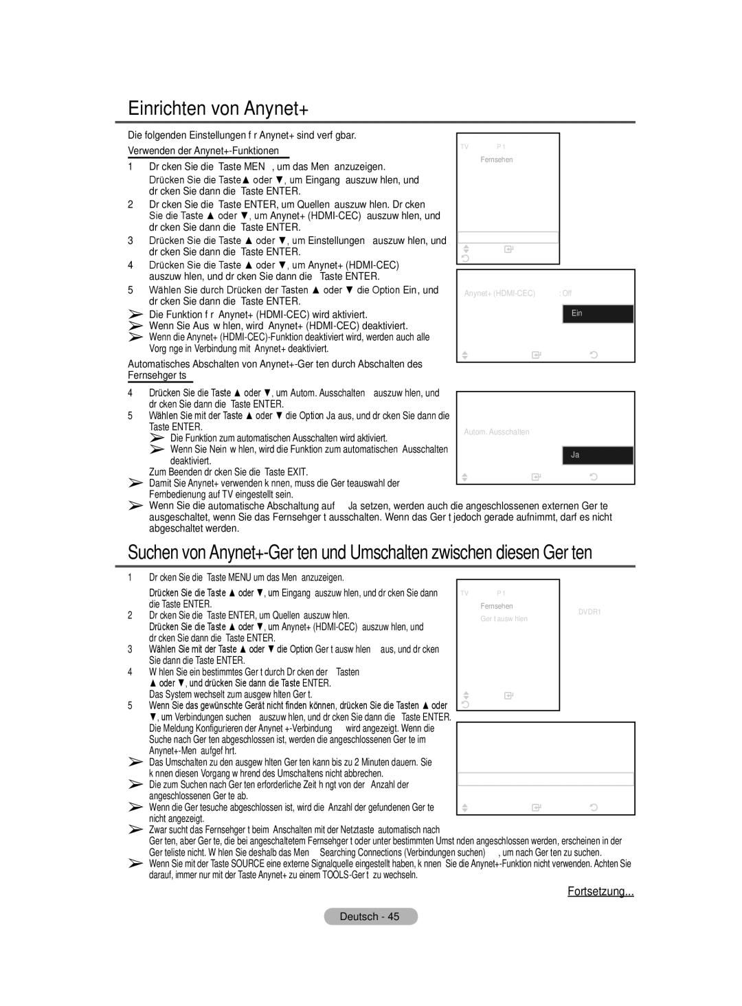 Samsung BN68-01422A-01 user manual Einrichten von Anynet+, Drücken Sie die Taste Menu um das Menü anzuzeigen 