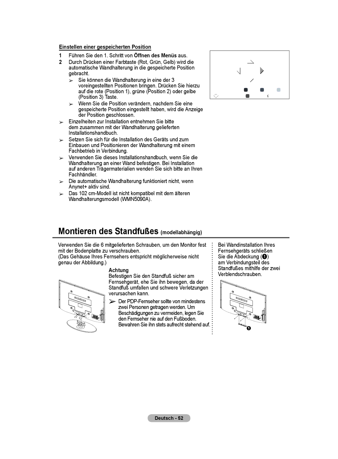 Samsung BN68-01422A-01 Montieren des Standfußes modellabhängig, Einstellen einer gespeicherten Position, Achtung 