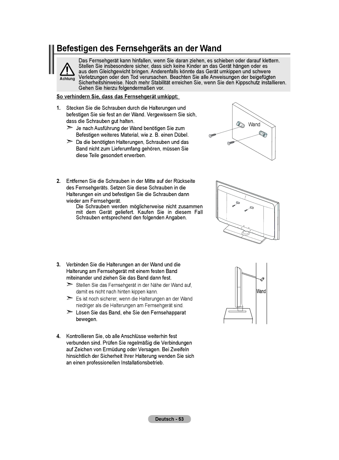 Samsung BN68-01422A-01 Befestigen des Fernsehgeräts an der Wand, So verhindern Sie, dass das Fernsehgerät umkippt 