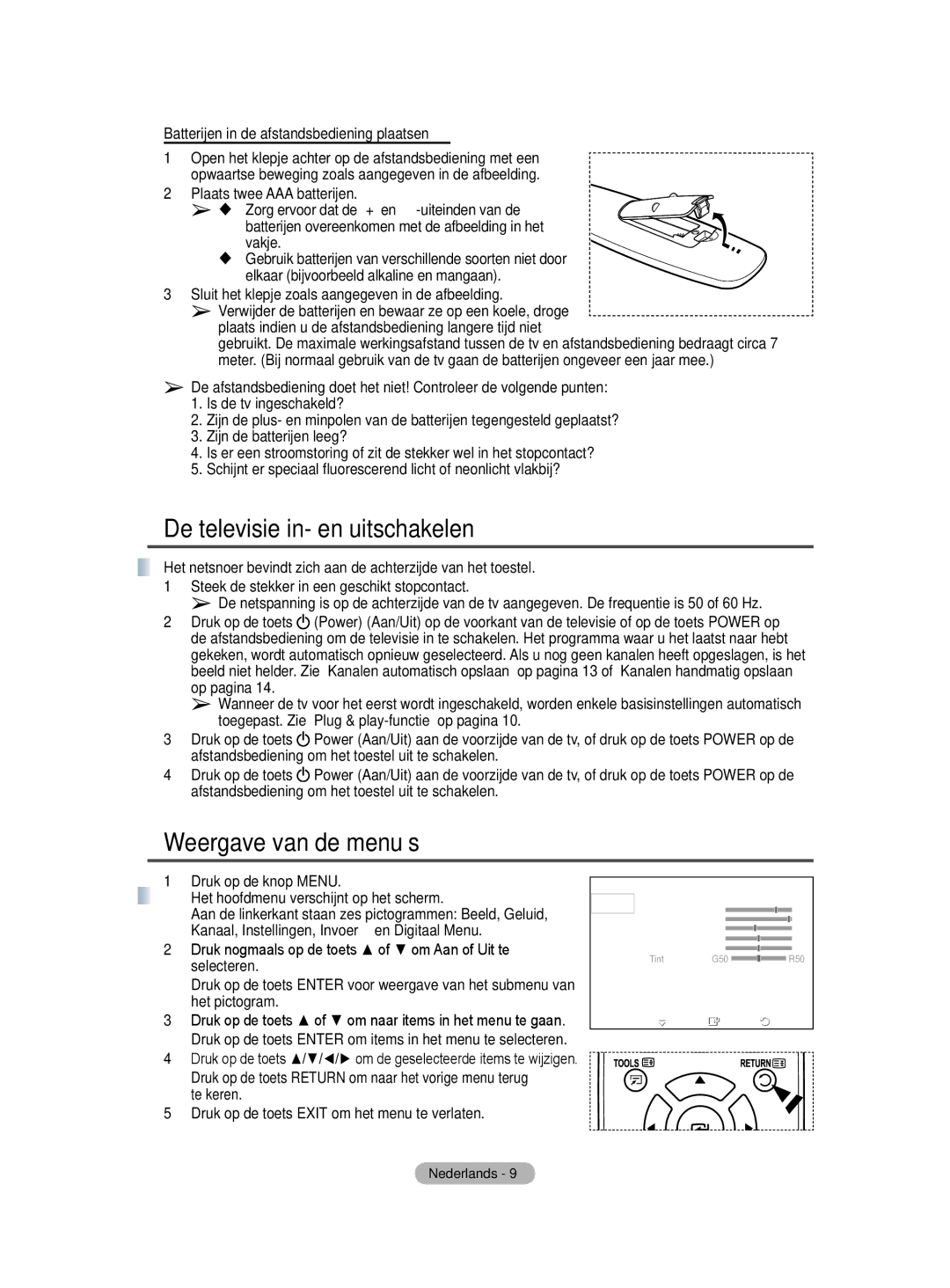 Samsung BN68-01422A-01 user manual De televisie in- en uitschakelen, Weergave van de menu’s 