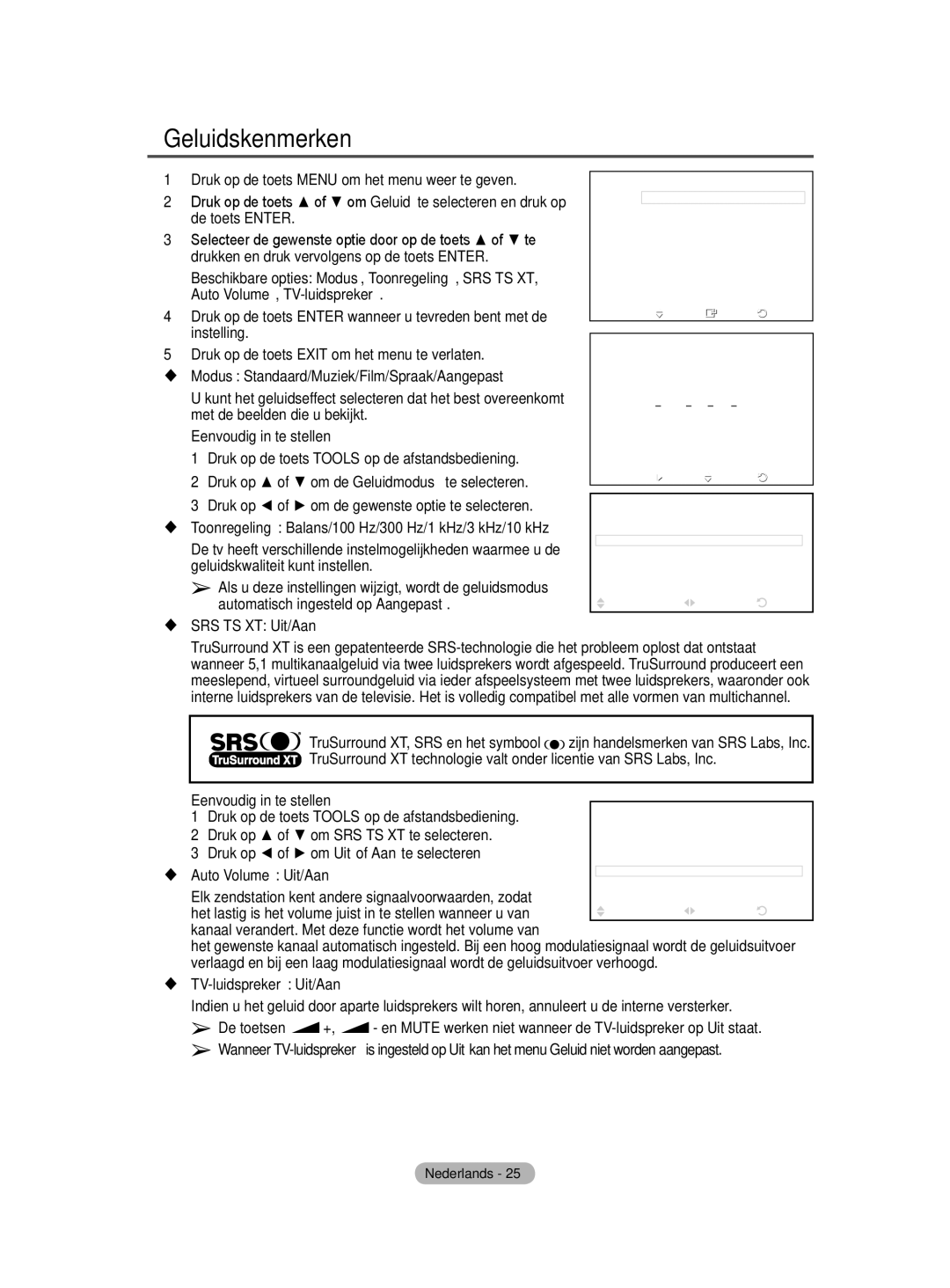 Samsung BN68-01422A-01 Geluidskenmerken, TruSurround XT, SRS en het symbool, Druk op of om SRS TS XT te selecteren 