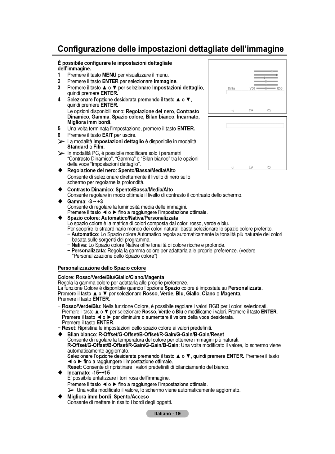 Samsung BN68-01422A-01 user manual Configurazione delle impostazioni dettagliate dell’immagine,  Incarnato -15~+15 