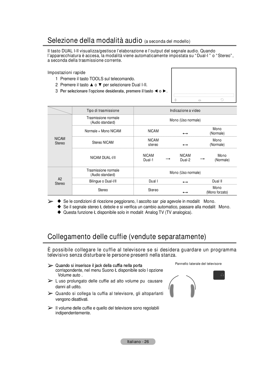 Samsung BN68-01422A-01 user manual Selezione della modalità audio a seconda del modello 