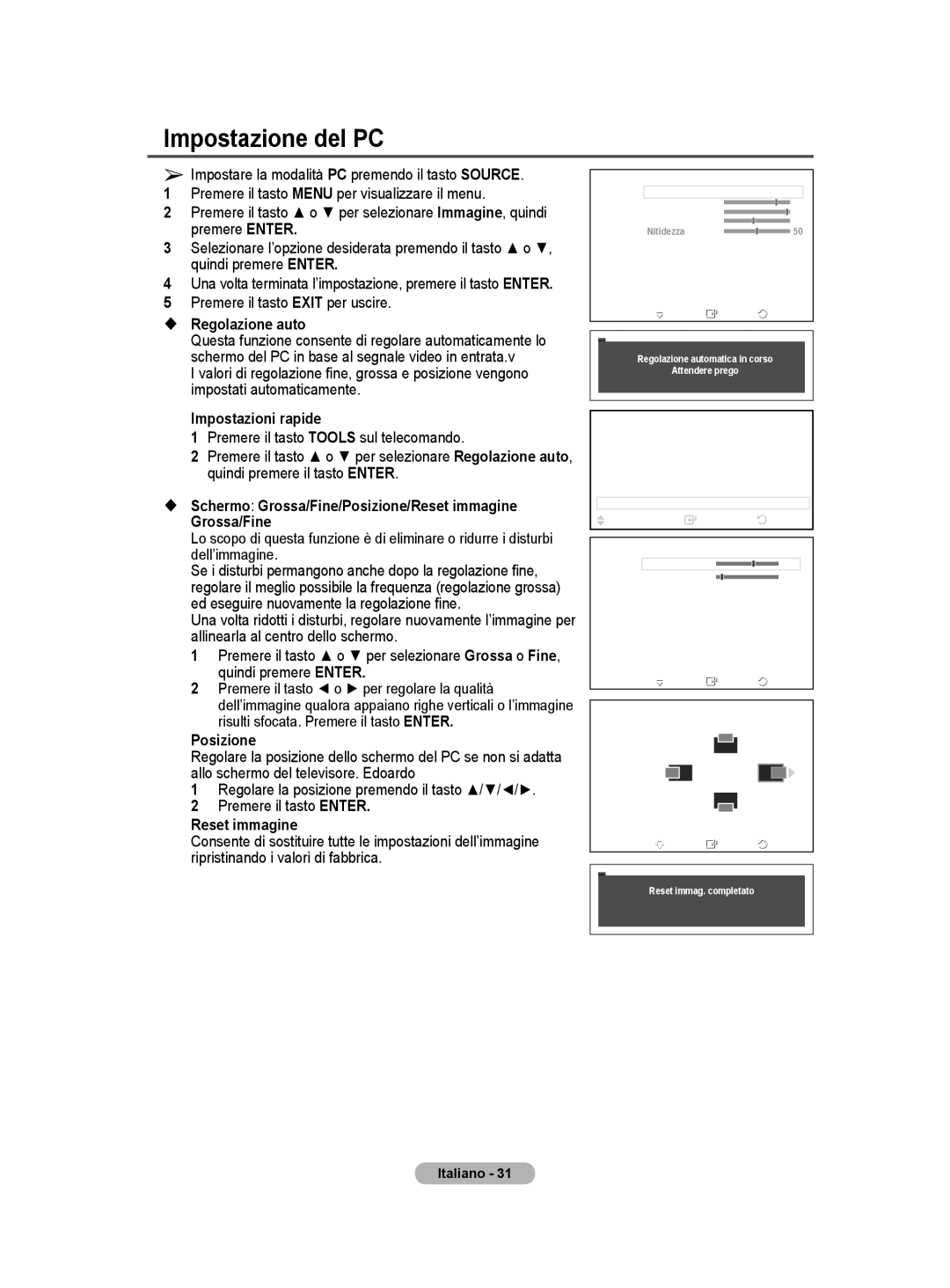 Samsung BN68-01422A-01 user manual Impostazione del PC,  Regolazione auto,  Schermo Grossa/Fine/Posizione/Reset immagine 