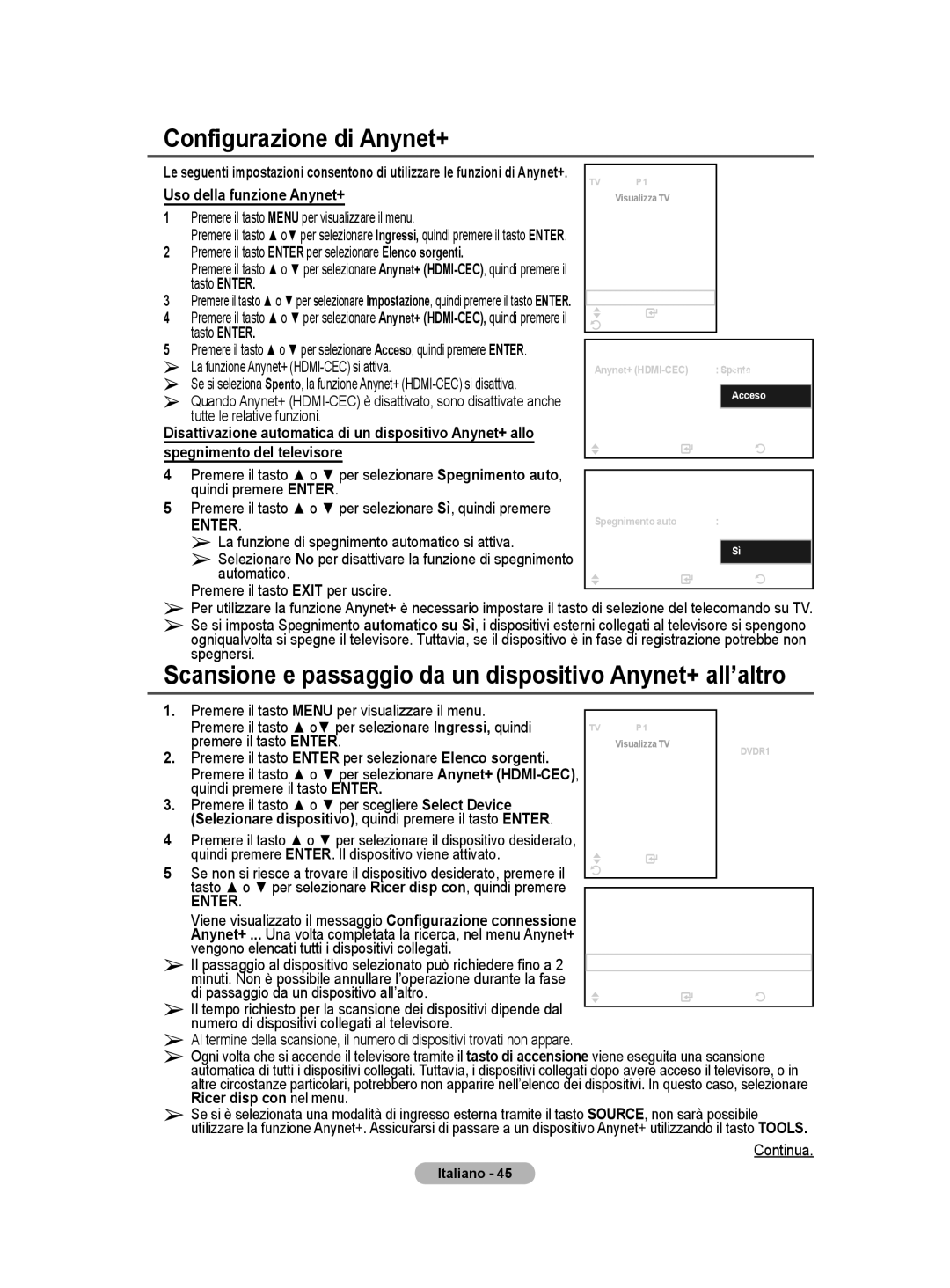 Samsung BN68-01422A-01 user manual Configurazione di Anynet+, Scansione e passaggio da un dispositivo Anynet+ all’altro 