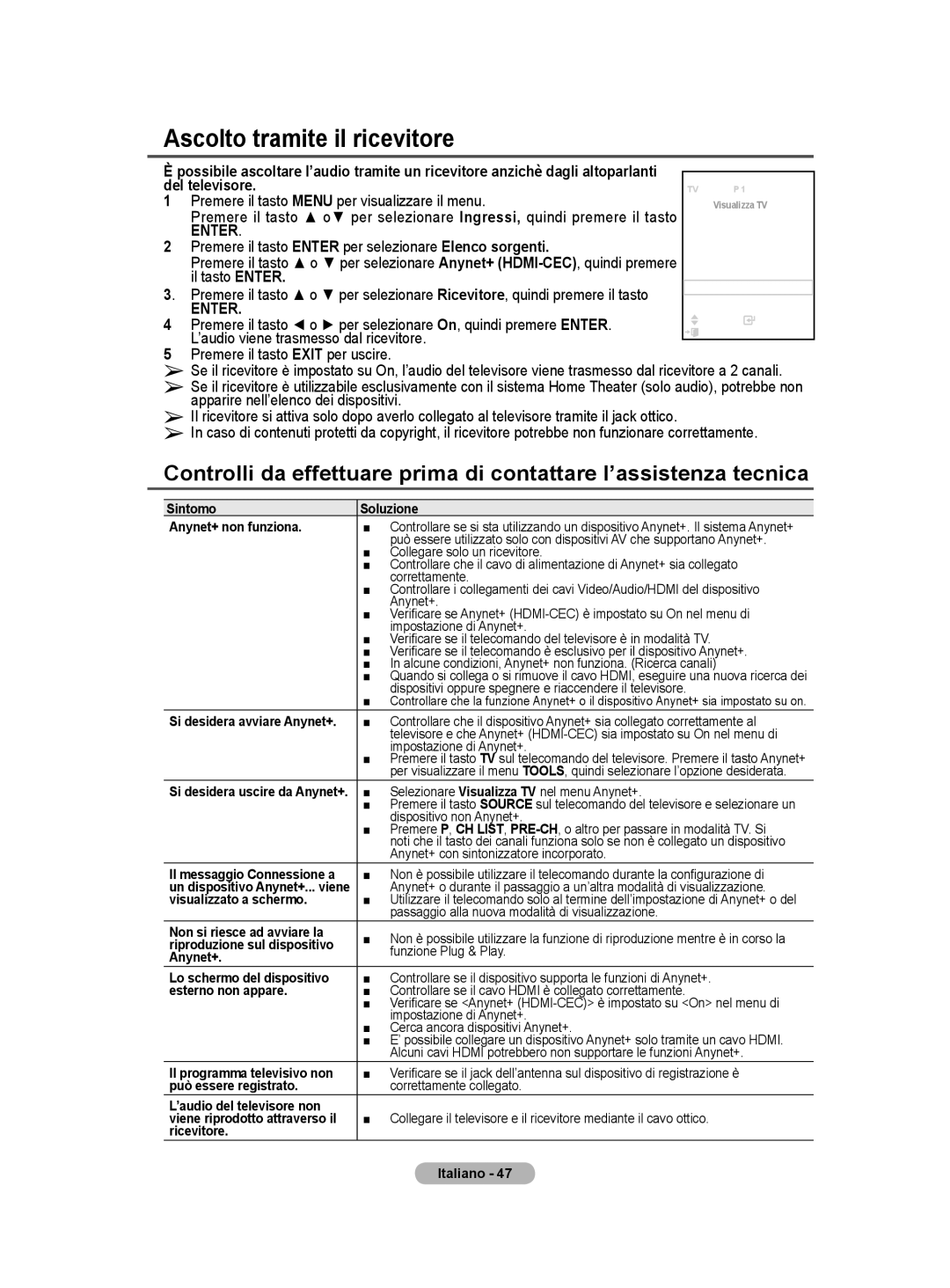 Samsung BN68-01422A-01 user manual Ascolto tramite il ricevitore, Premere il tasto Enter per selezionare Elenco sorgenti 