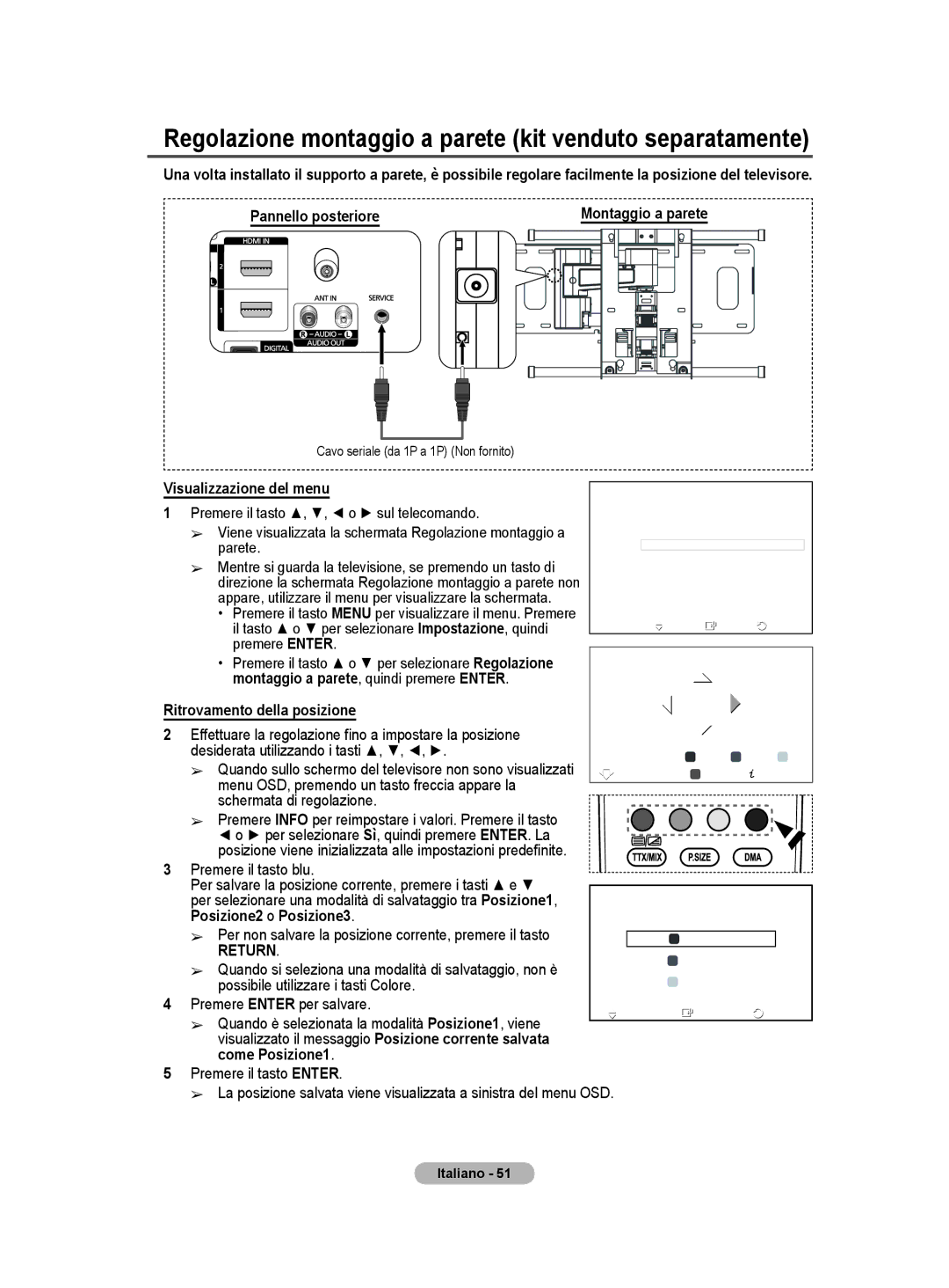 Samsung BN68-01422A-01 user manual Regolazione montaggio a parete kit venduto separatamente 