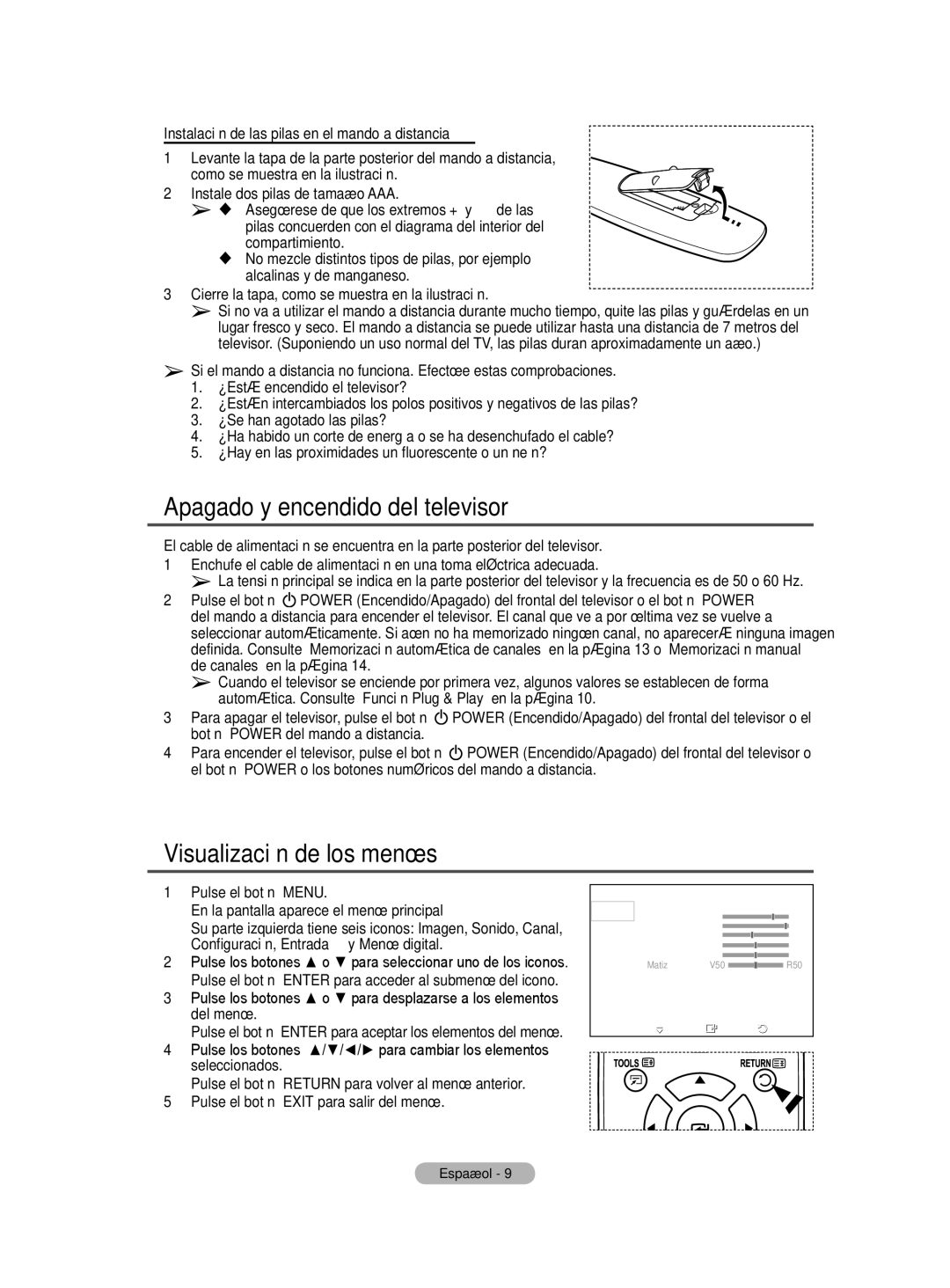 Samsung BN68-01422A-01 user manual Apagado y encendido del televisor, Visualización de los menús 