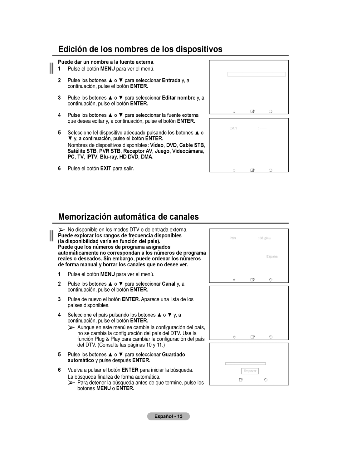 Samsung BN68-01422A-01 user manual Edición de los nombres de los dispositivos, Memorización automática de canales 