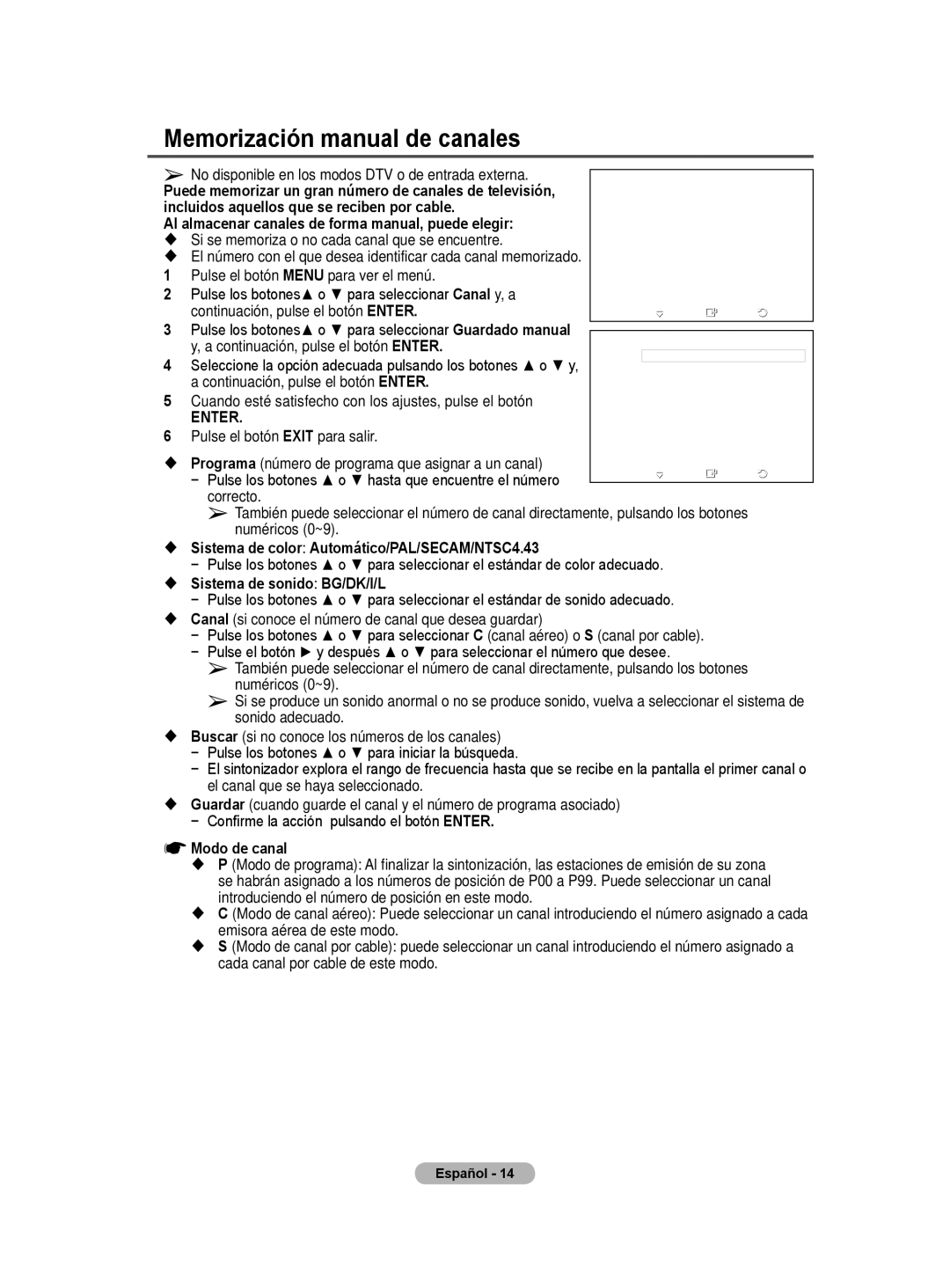 Samsung BN68-01422A-01 user manual Memorización manual de canales 