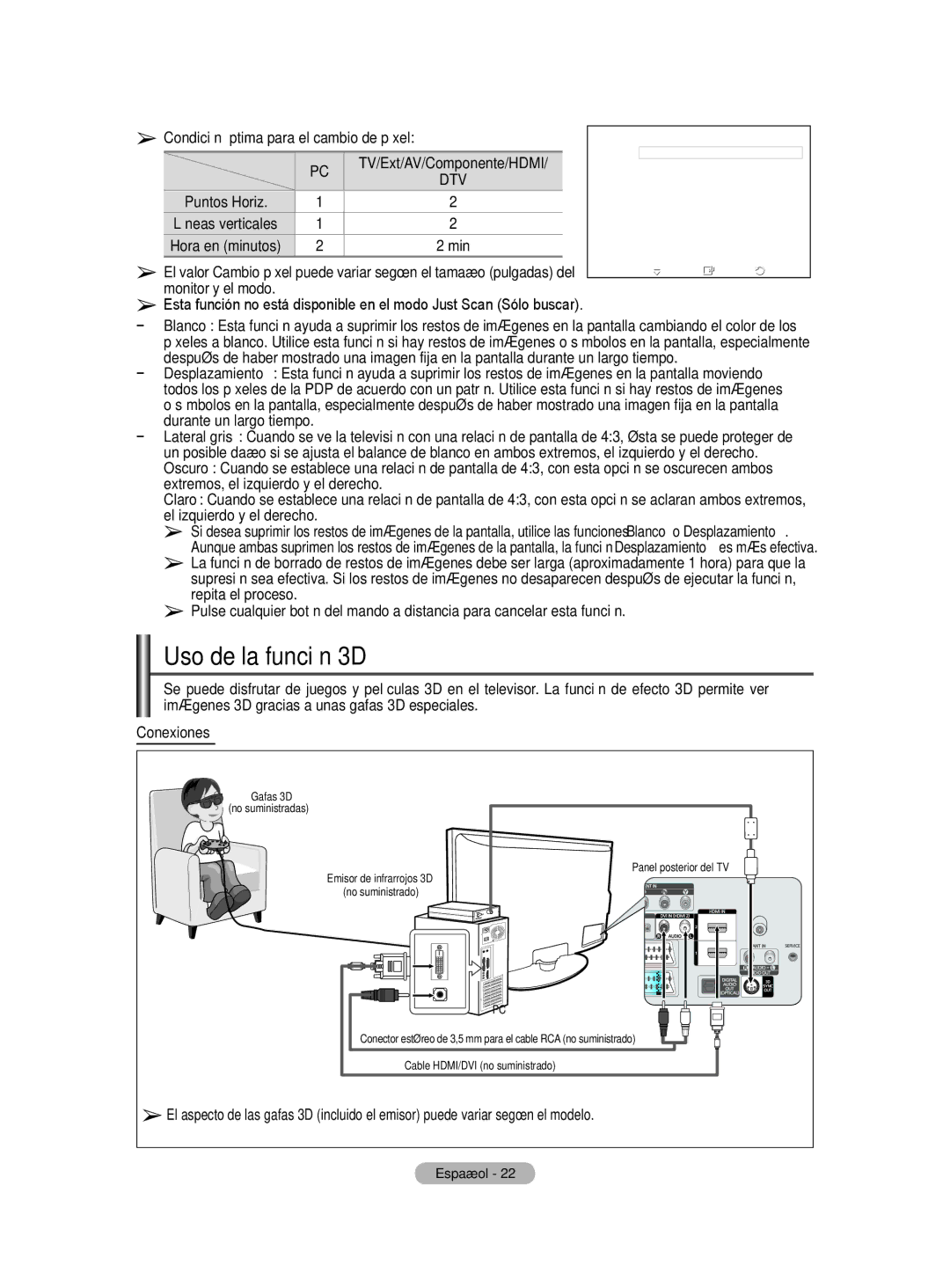 Samsung BN68-01422A-01 Uso de la función D, Condición óptima para el cambio de píxel, TV/Ext/AV/Componente/HDMI 