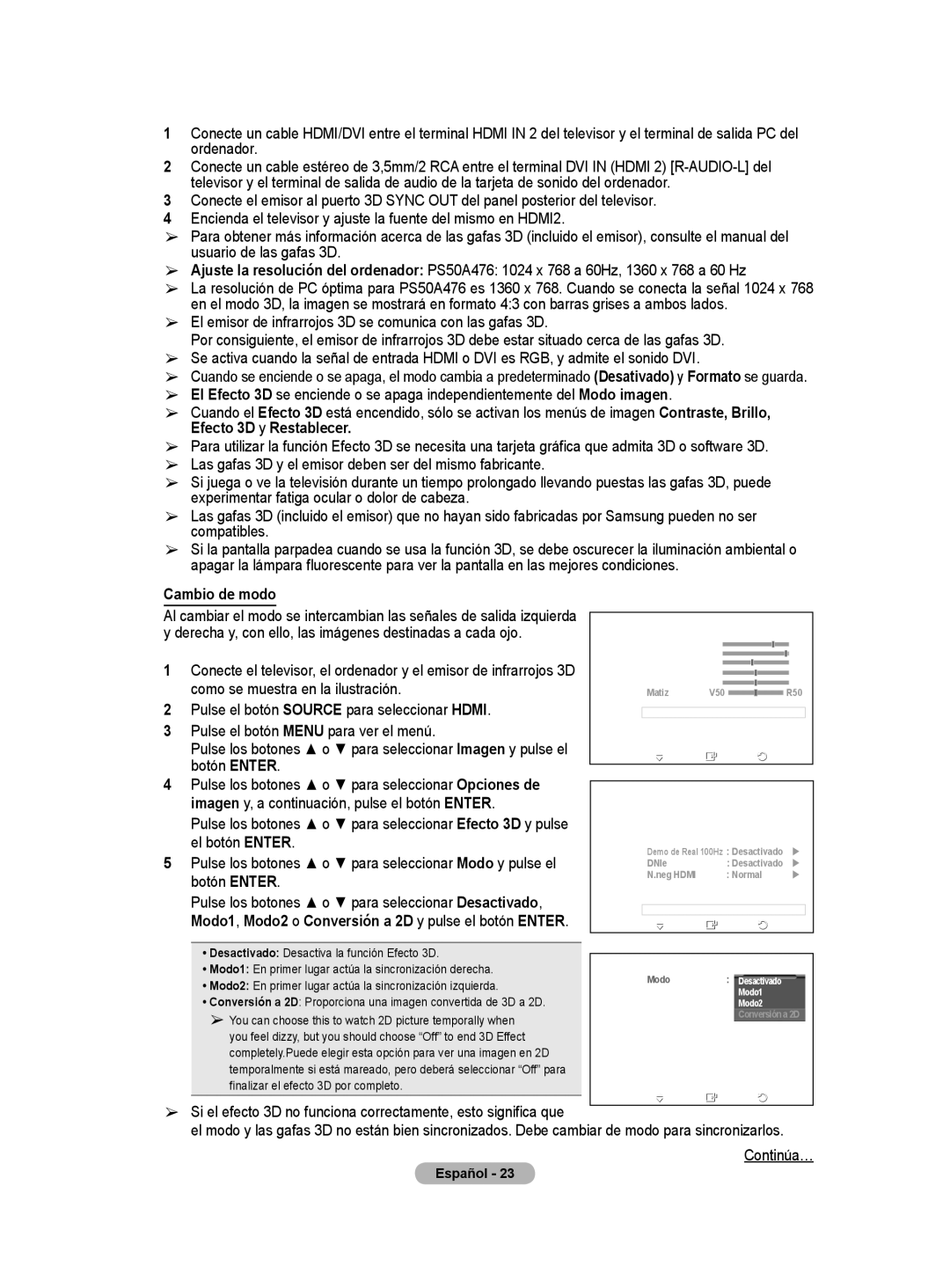 Samsung BN68-01422A-01 user manual Cambio de modo, Derecha y, con ello, las imágenes destinadas a cada ojo, El botón Enter 