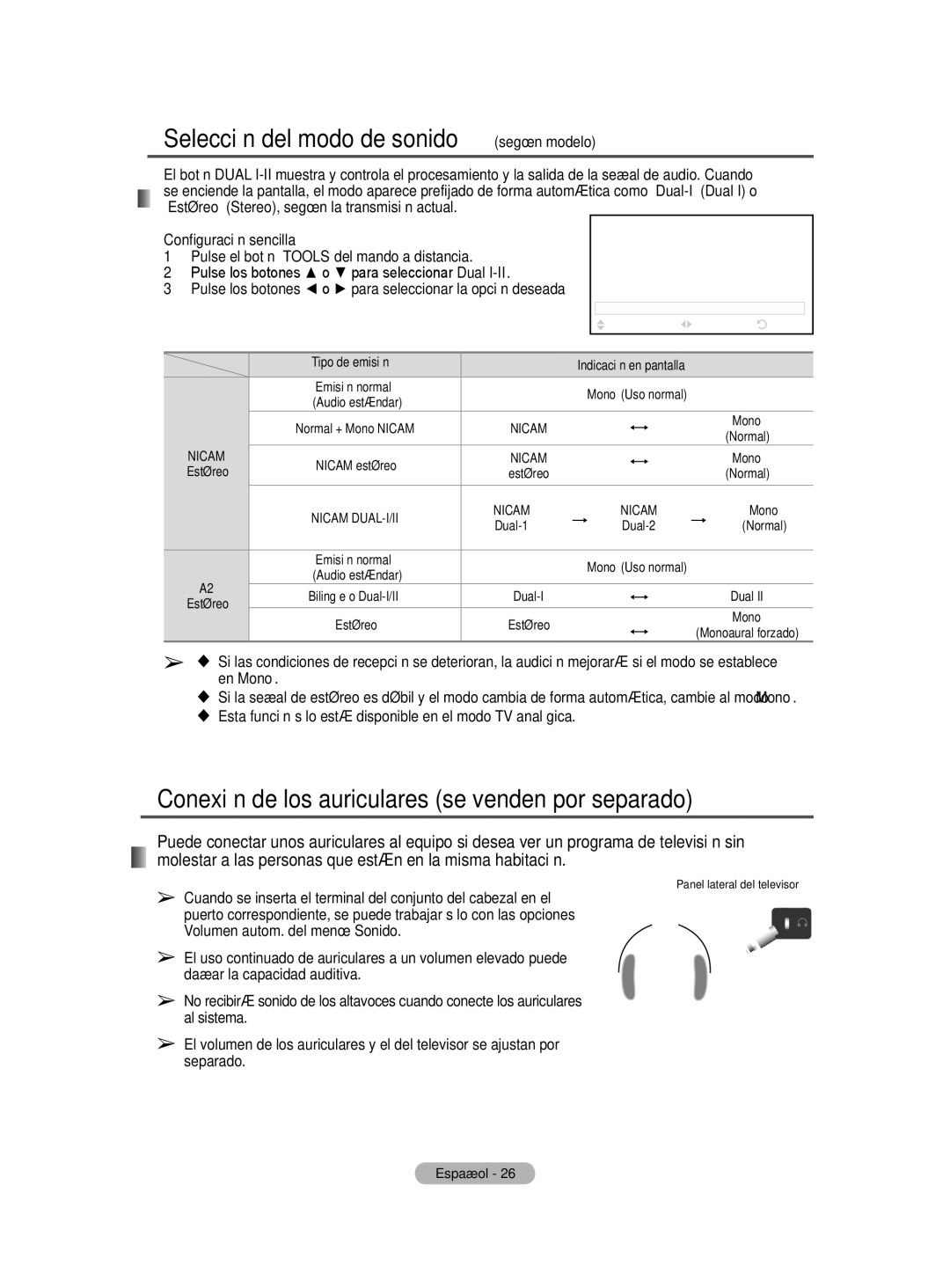 Samsung BN68-01422A-01 Selección del modo de sonido según modelo, Conexión de los auriculares se venden por separado 