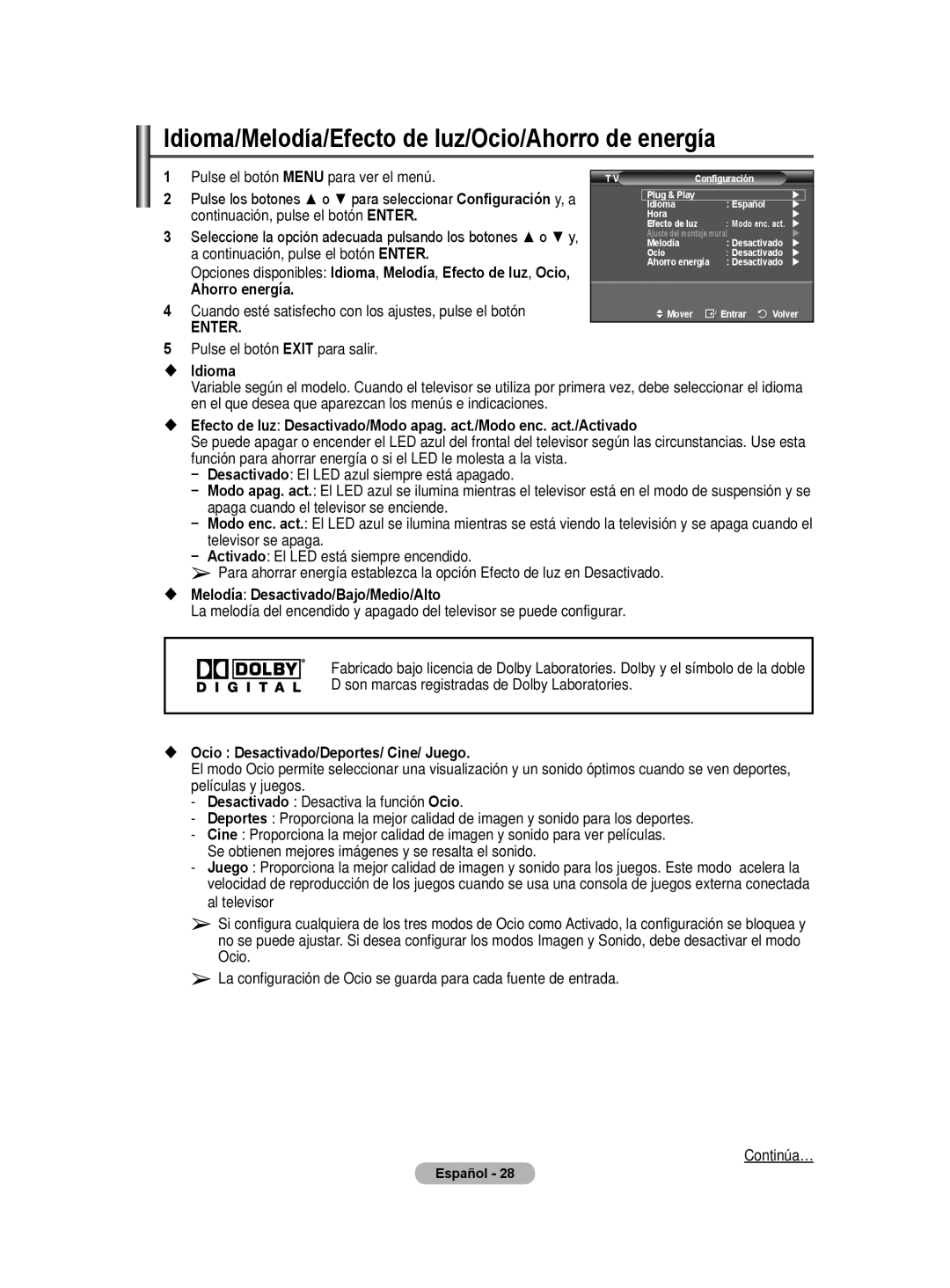 Samsung BN68-01422A-01 user manual Idioma/Melodía/Efecto de luz/Ocio/Ahorro de energía, Ahorro energía,  Idioma 